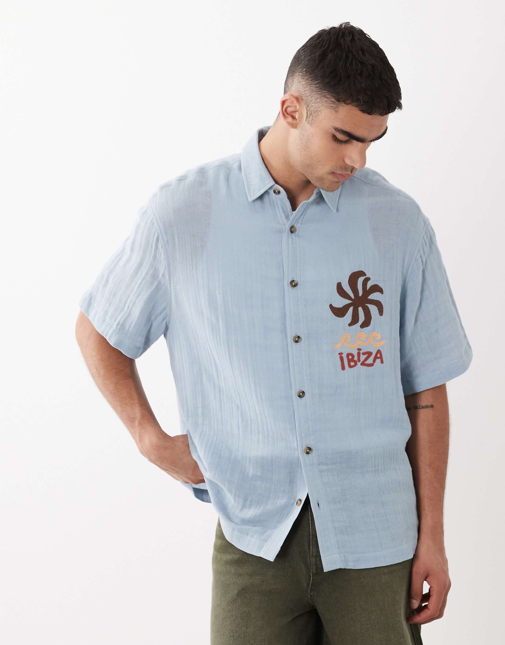 ASOS DESIGN oversized double cloth shirt with chest embroidery in blue