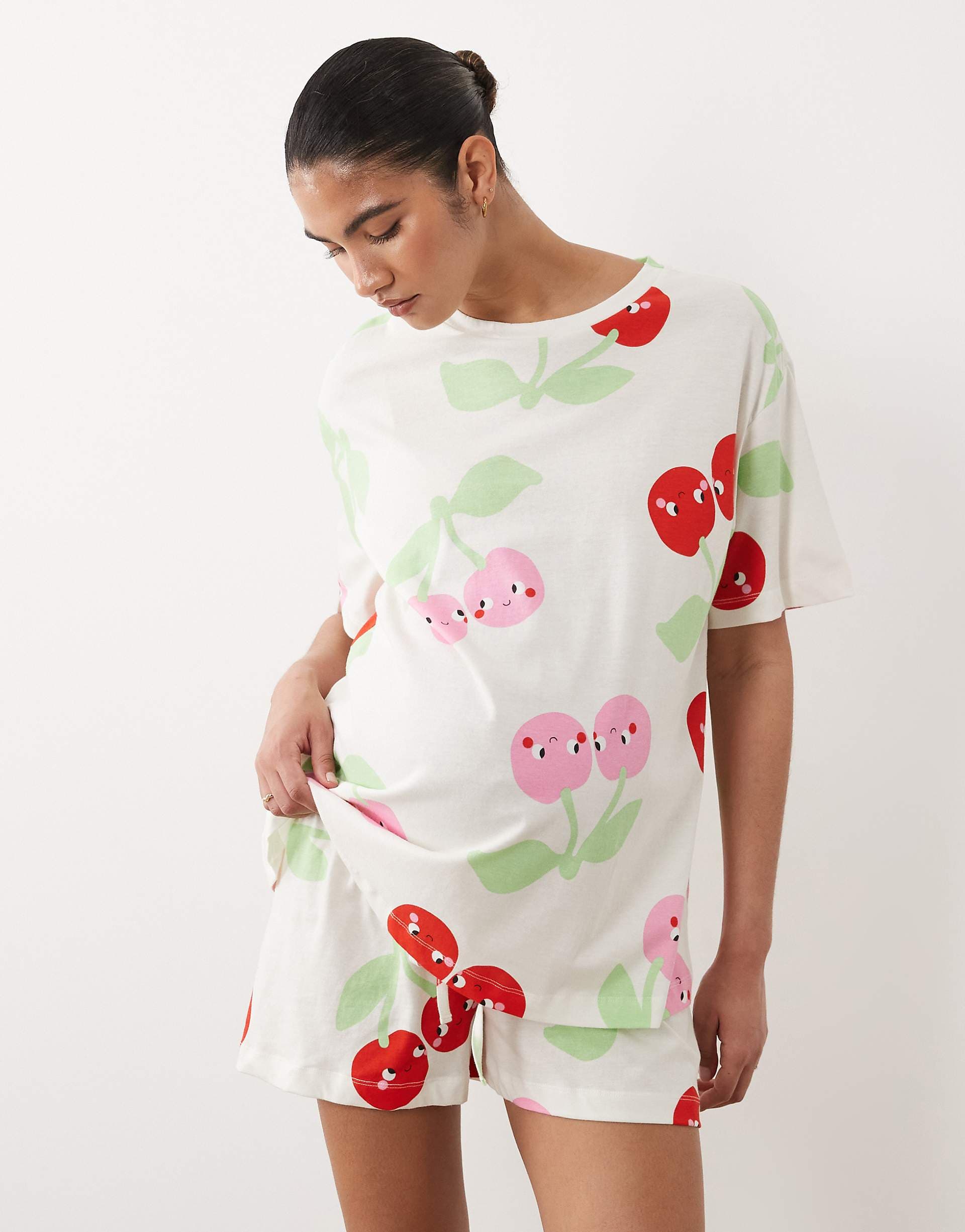 ASOS DESIGN Maternity oversized tee and shorts pajama set with cherry print in red & pink
