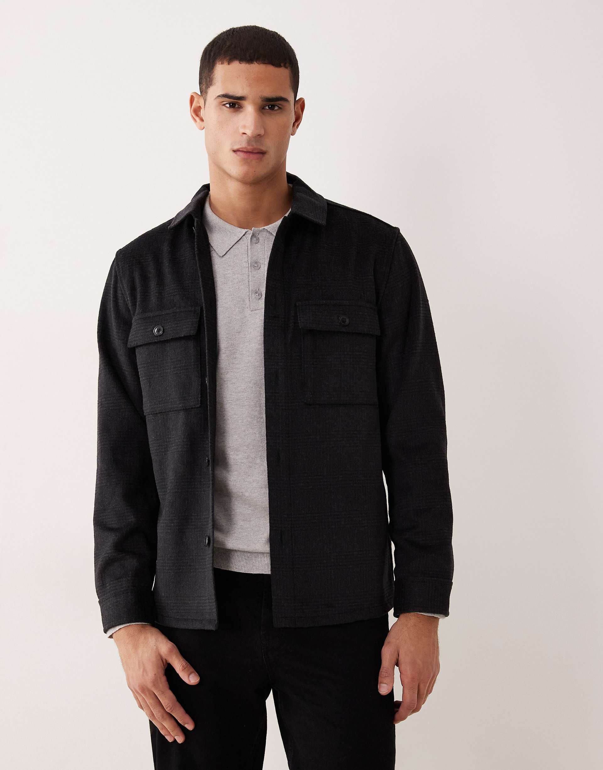 Mango wool mix plaid overshirt in black