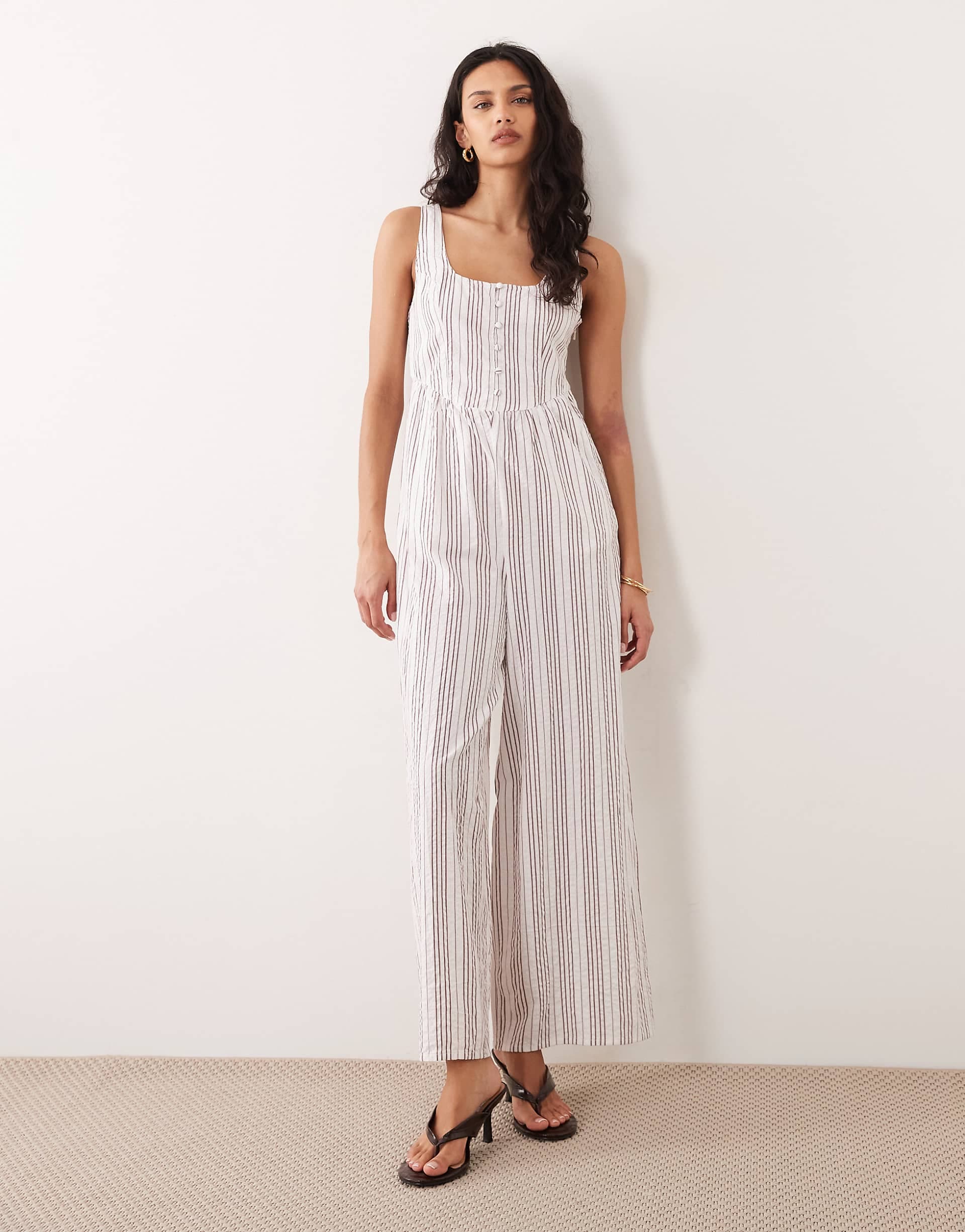 Nobody's Child Cora cotton sleeveless square neck button detailing jumpsuit in white stripes