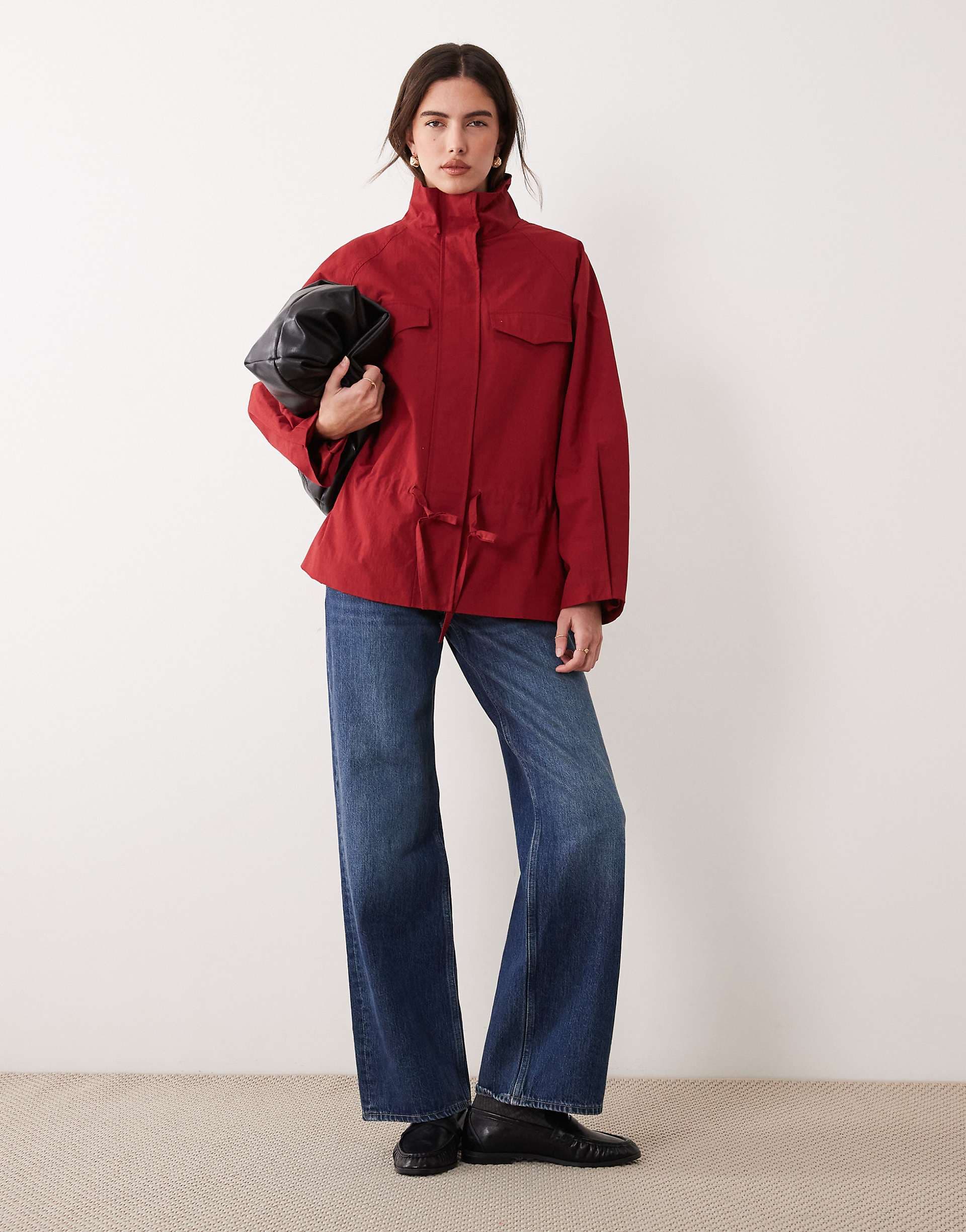 ASOS DESIGN slouchy funnel neck utility jacket with cinched waist in red