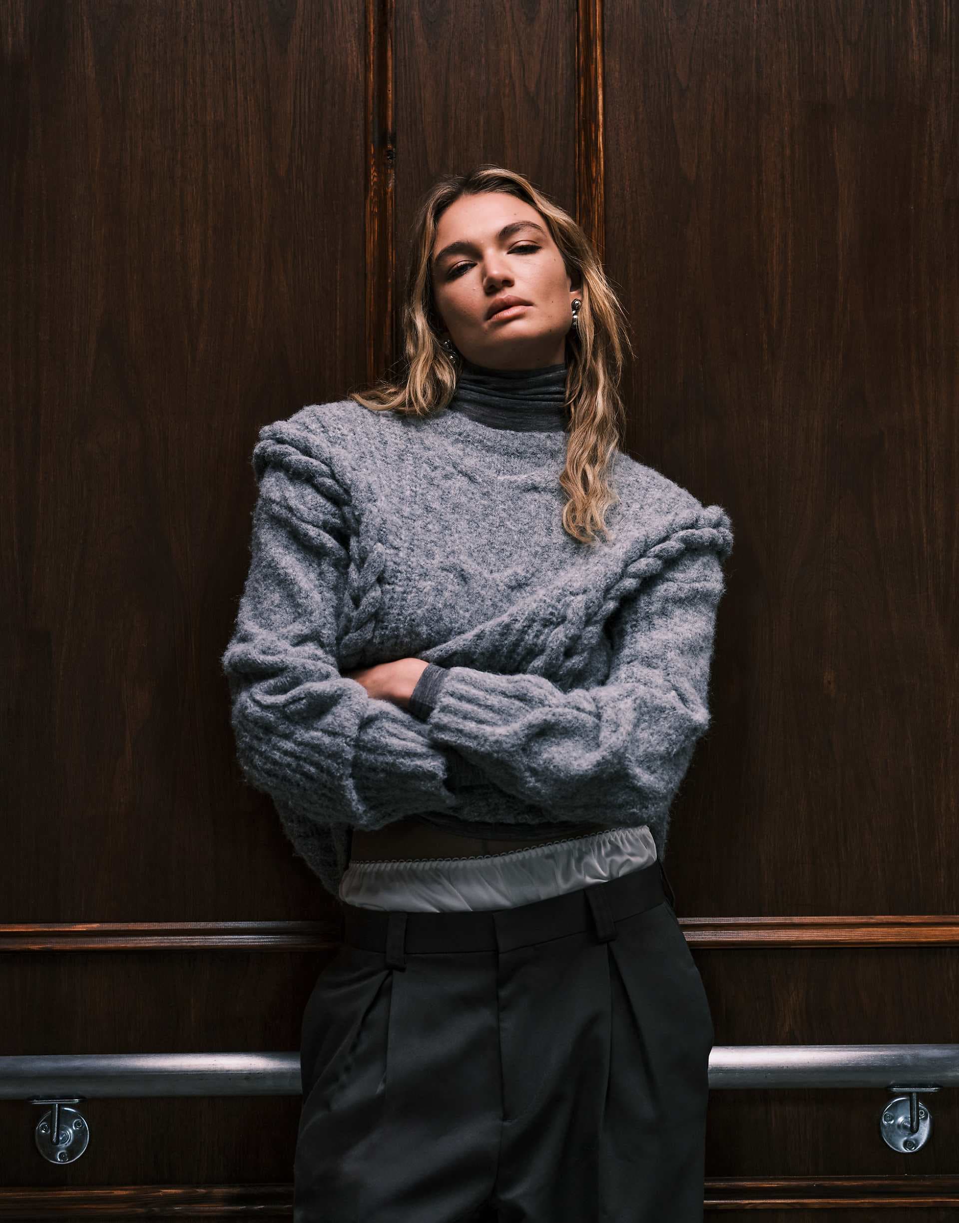 4th & Reckless wool feel fluffy knit dropped shoulder cable detail slouchy oversized sweater in gray