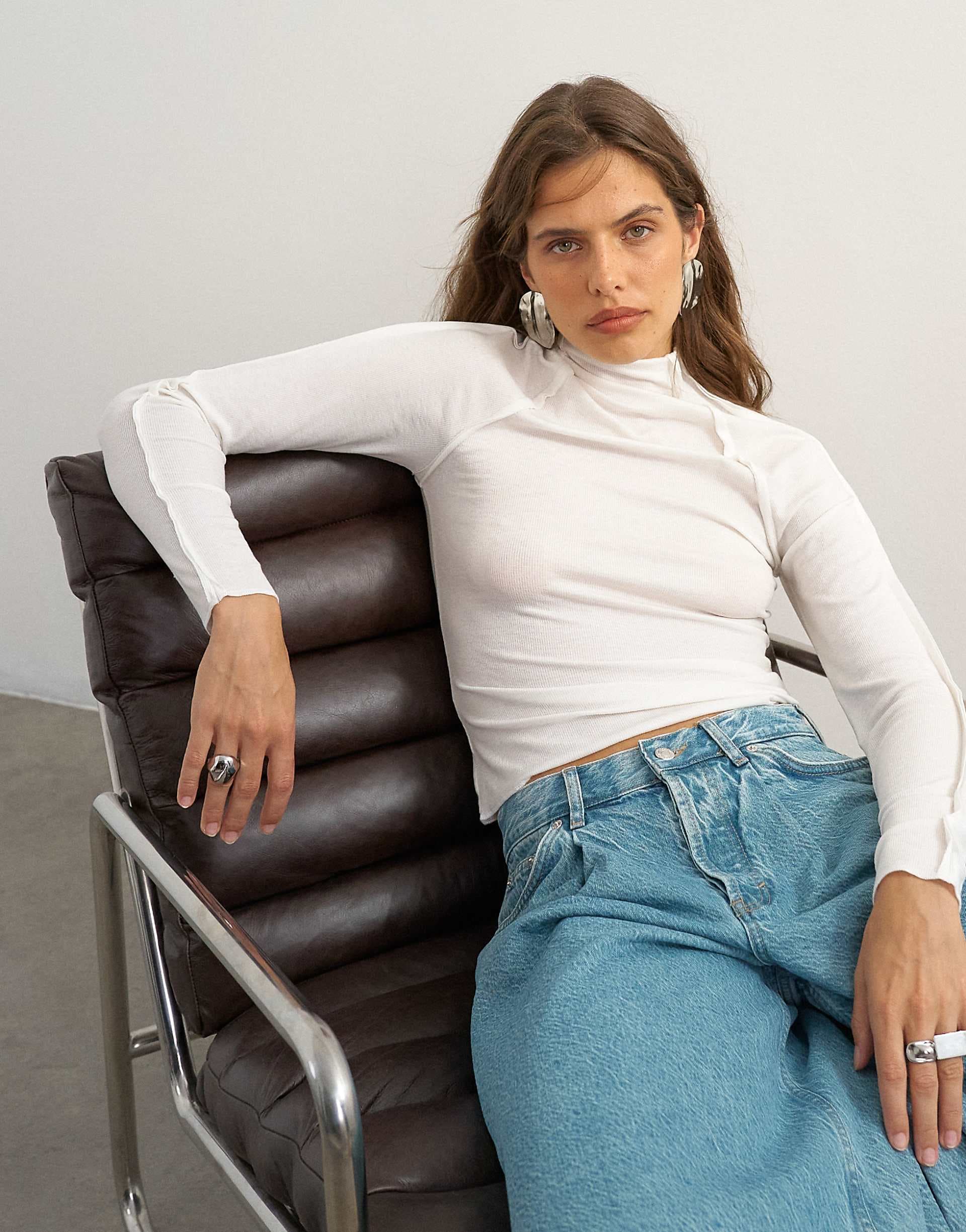 Topshop x Cara seamed long sleeve T-shirt in ecru