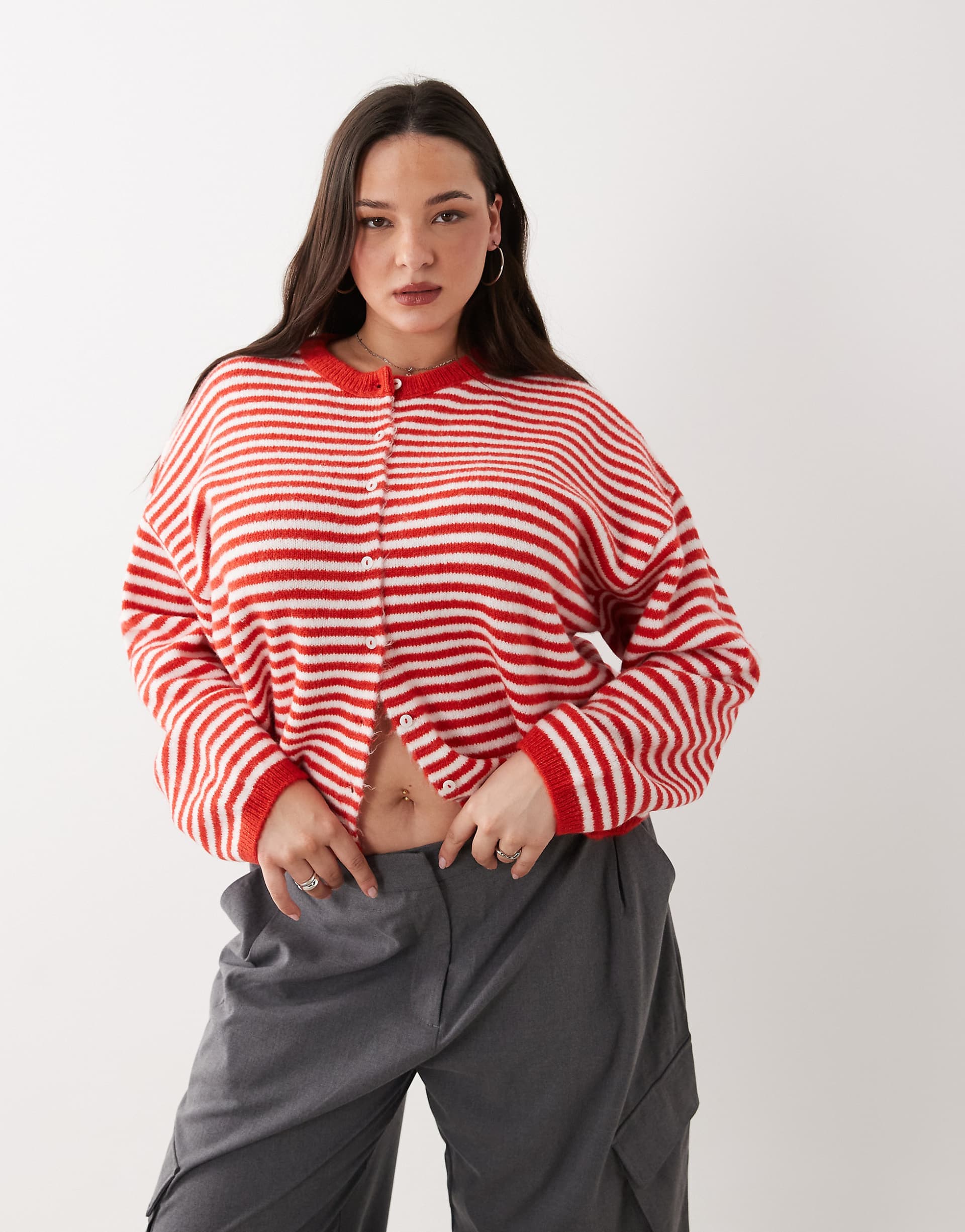 ASOS DESIGN Curve lightweight relaxed cardigan in red and white stripes