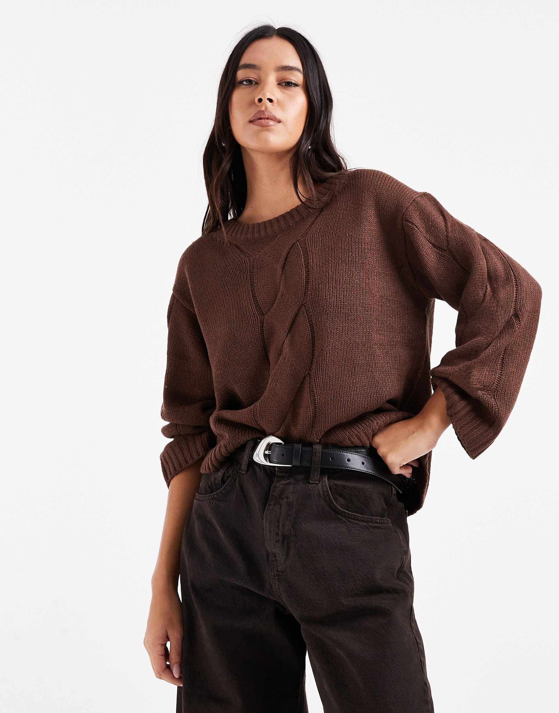 Wednesdays Girl cable knit sweater in chocolate
