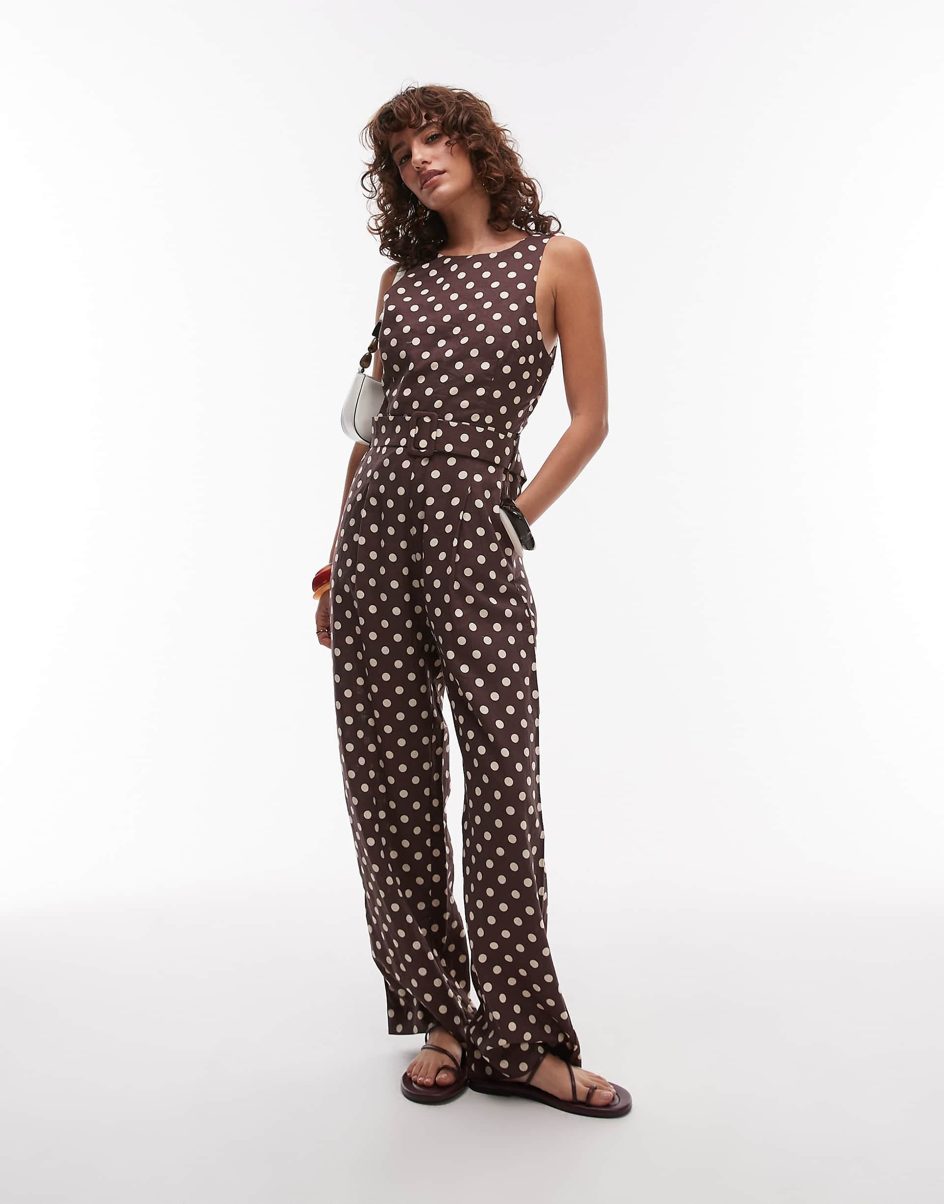 Mango straight leg high neck jumpsuit in brown polka dots