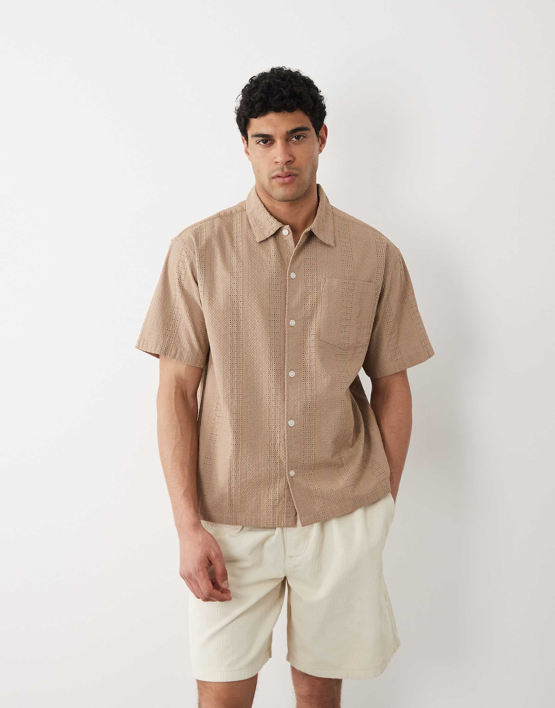 Jack & Jones embroidered short sleeve shirt in beige