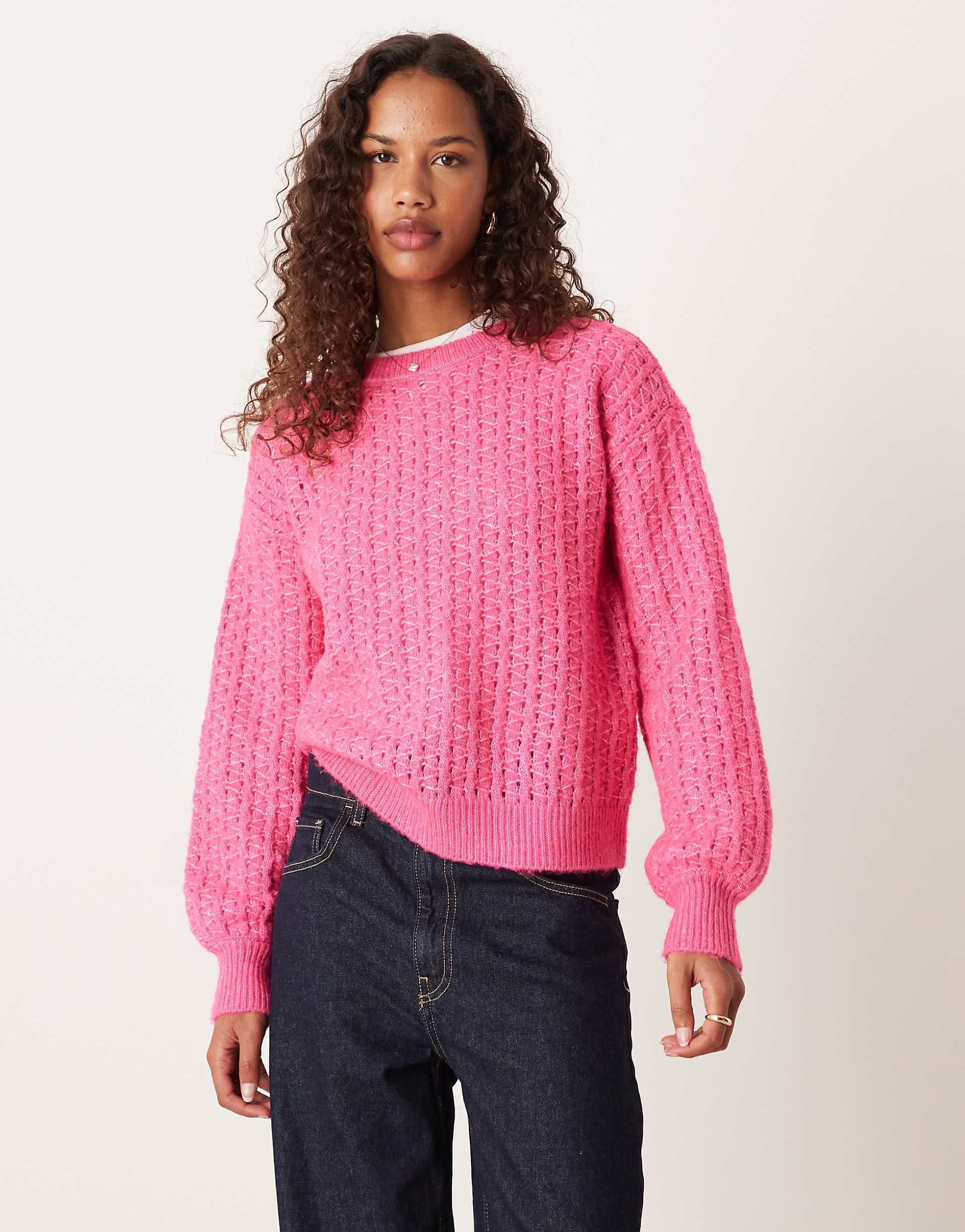 Vila diagonal stitch knit sweater in bright pink