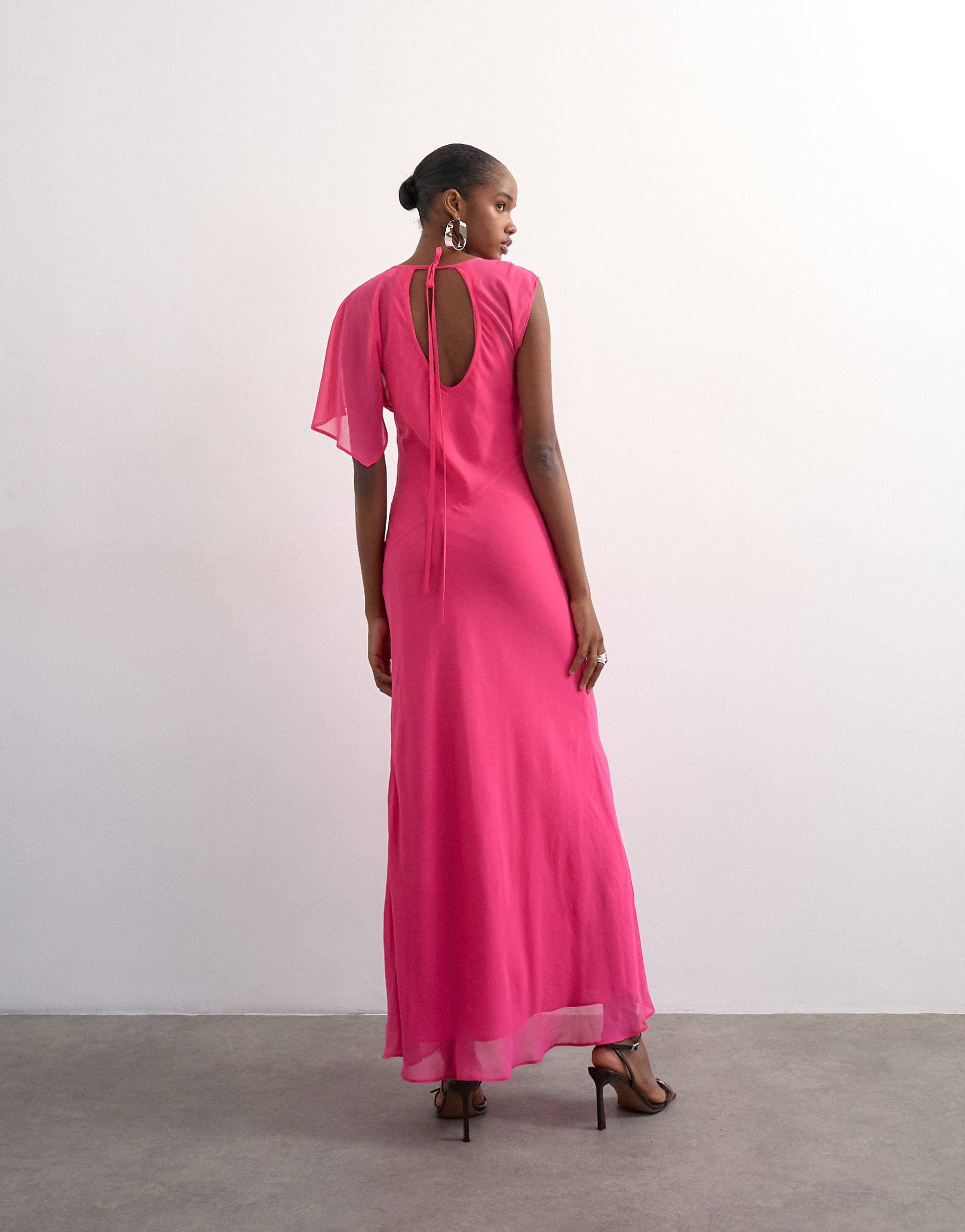 Topshop asymmetric flutter sleeve maxi dress with seaming in pink