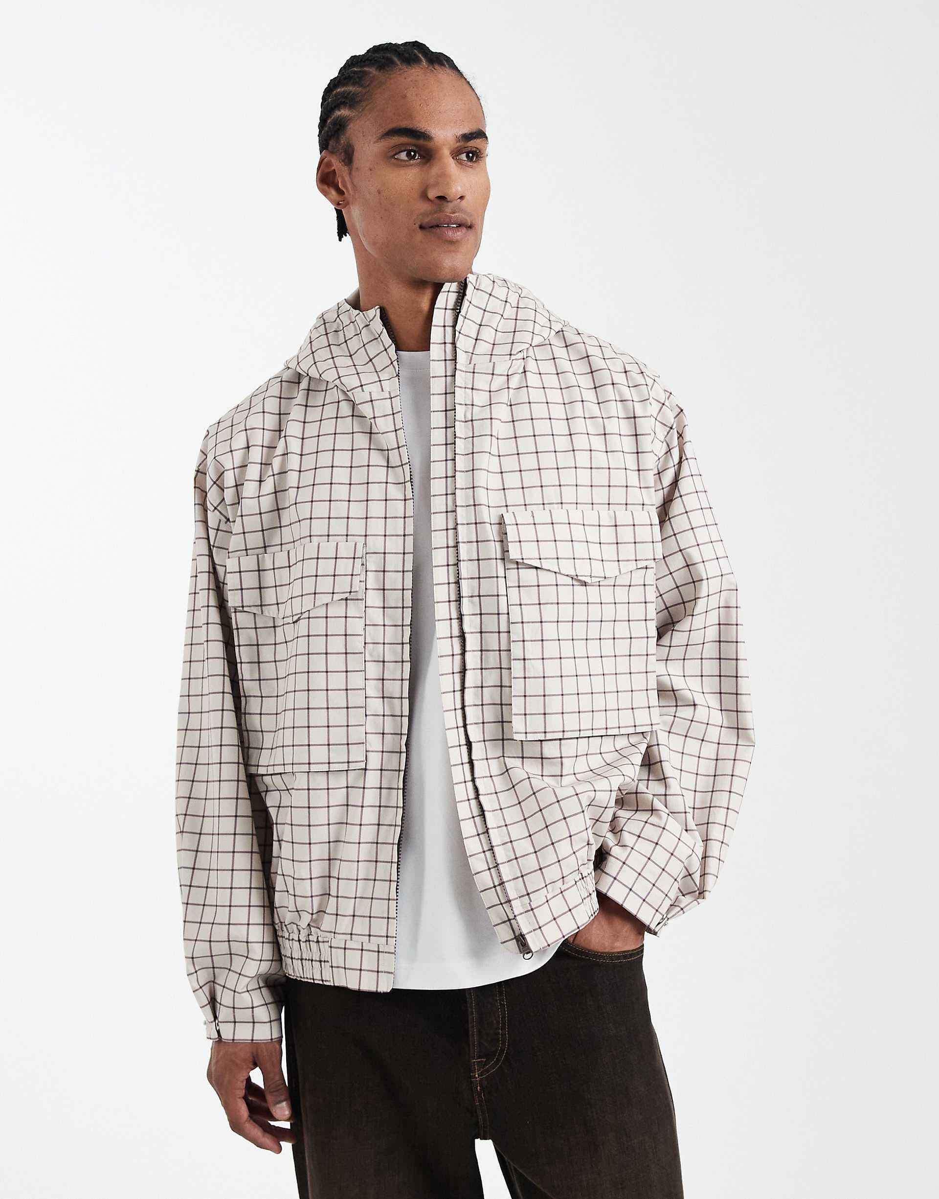 ASOS DESIGN oversized checkered windbreaker in ecru