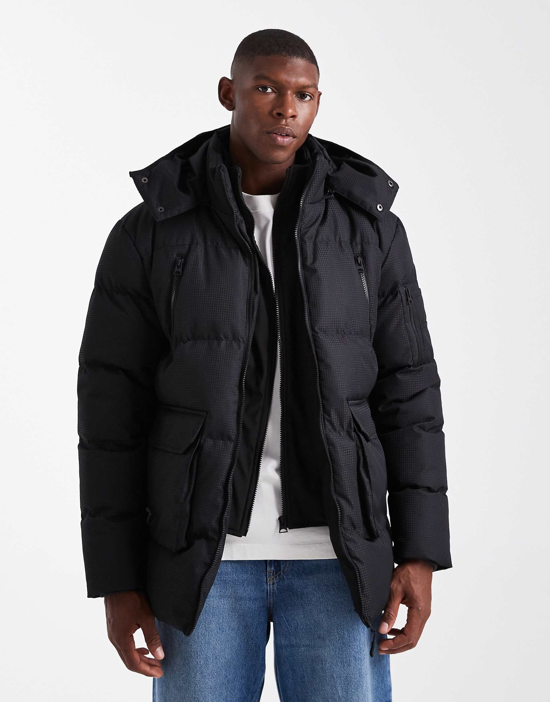 Brave Soul hooded puffer coat with pocket front detail in black