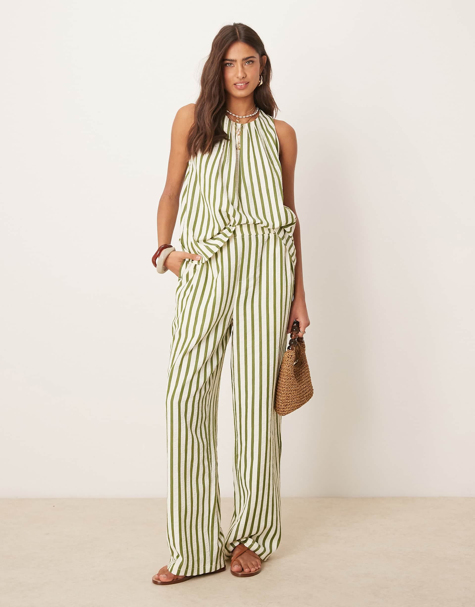 ASOS DESIGN straight leg seersucker pants in khaki stripe - part of a set