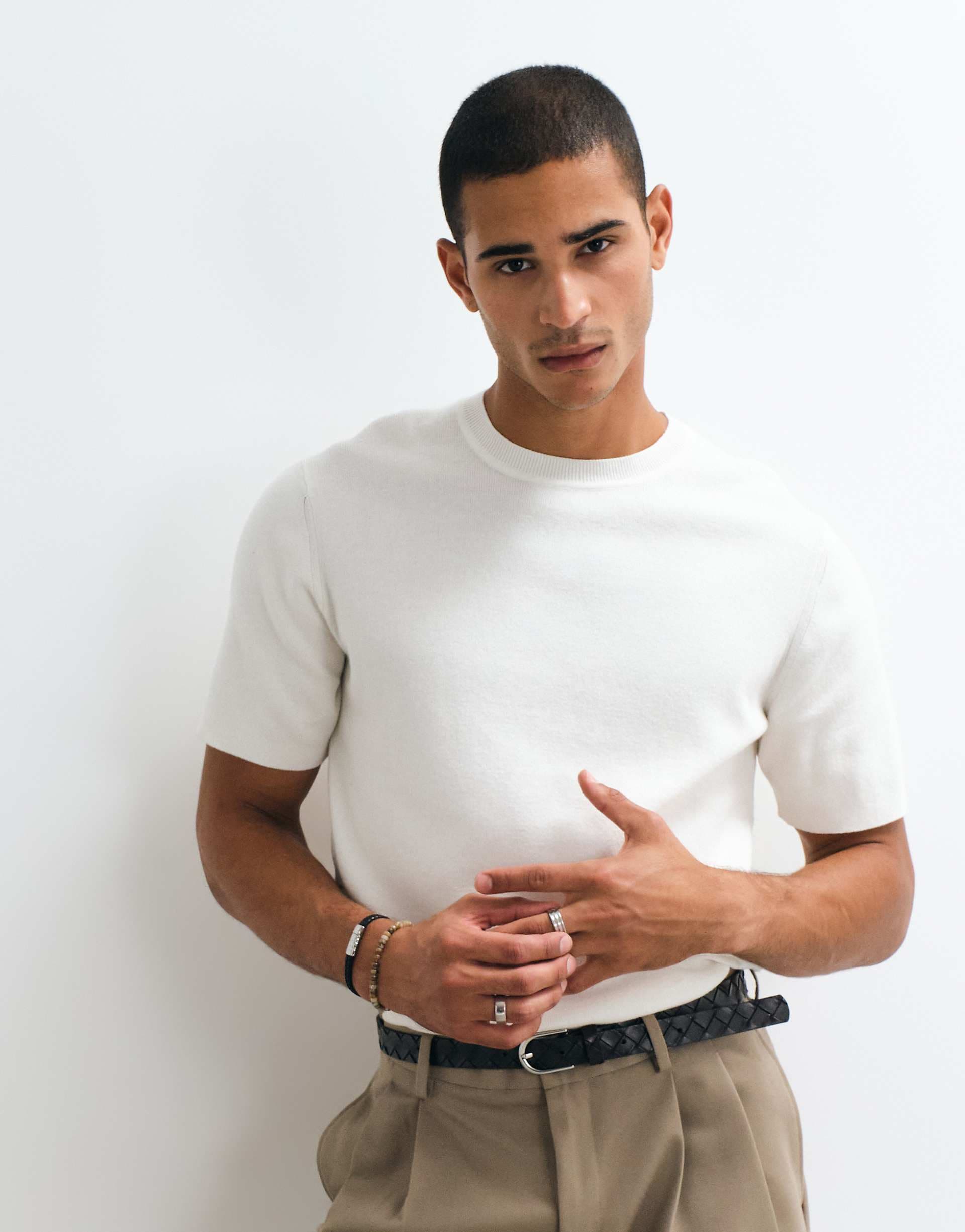 ASOS DESIGN Essential fine-rib knit crew neck T-shirt in ecru