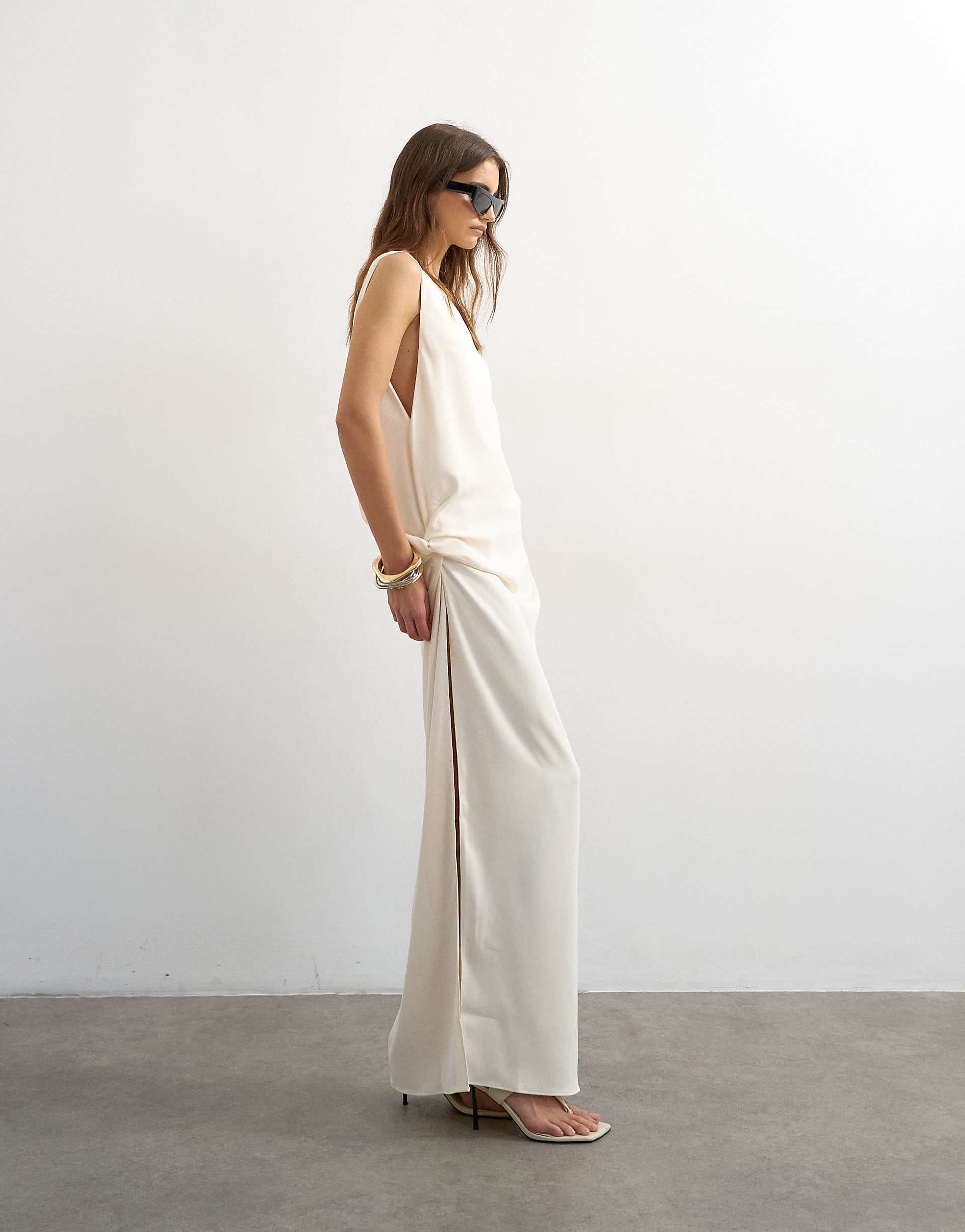 Topshop crepe sleeveless twist side maxi dress in ecru