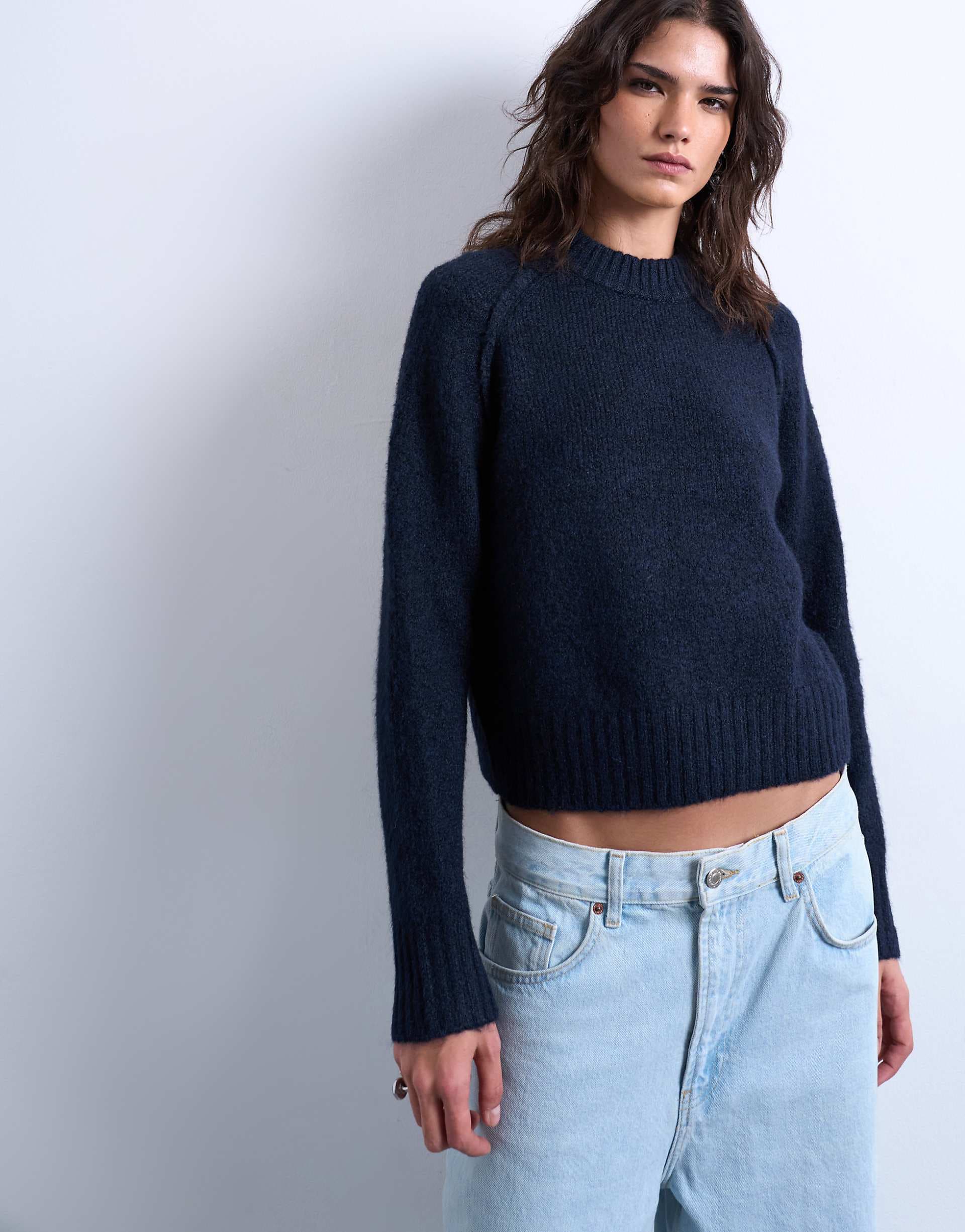 Topshop knit raglan exposed seams sweater in navy