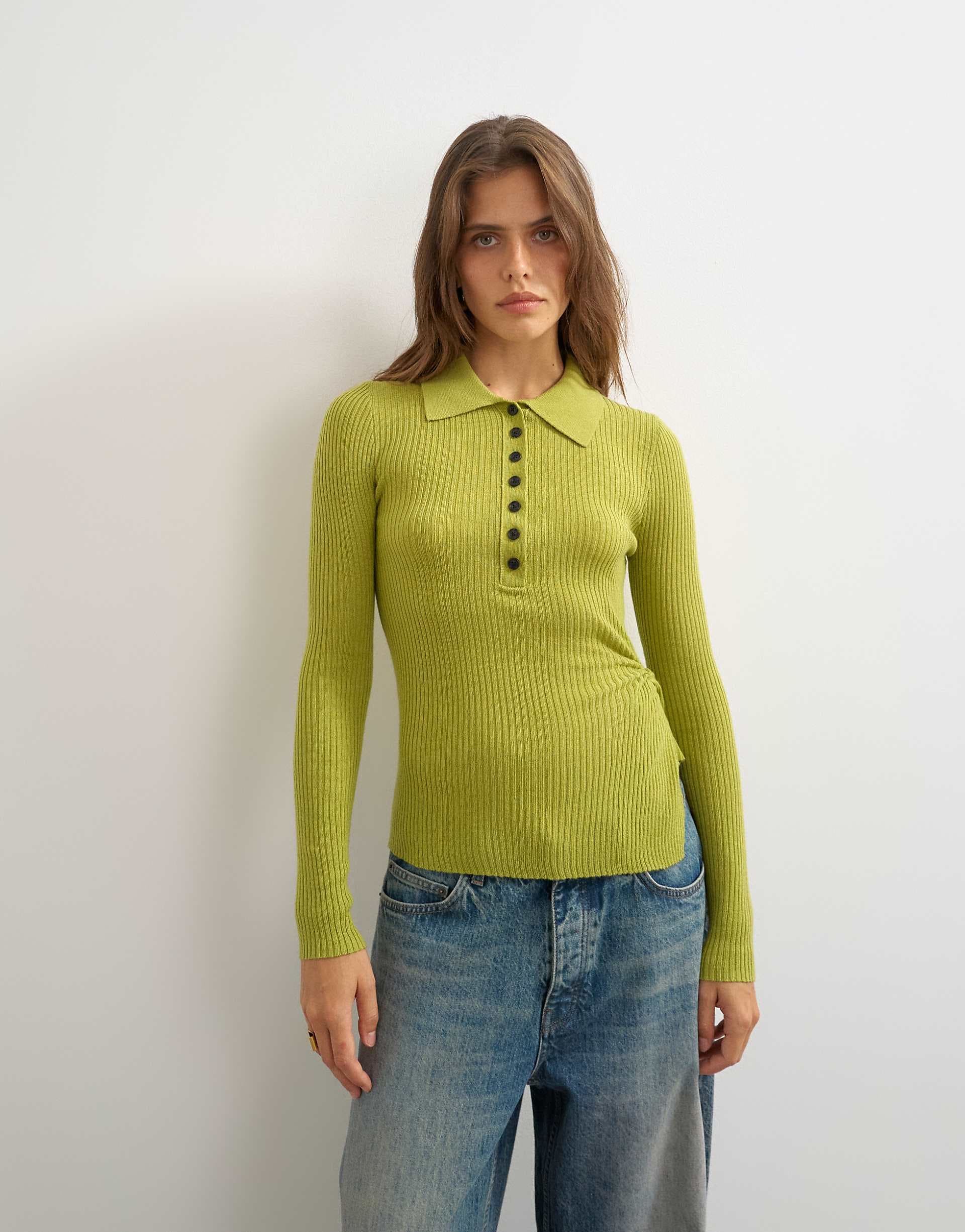 Topshop wool blend knit side twist polo top in lime