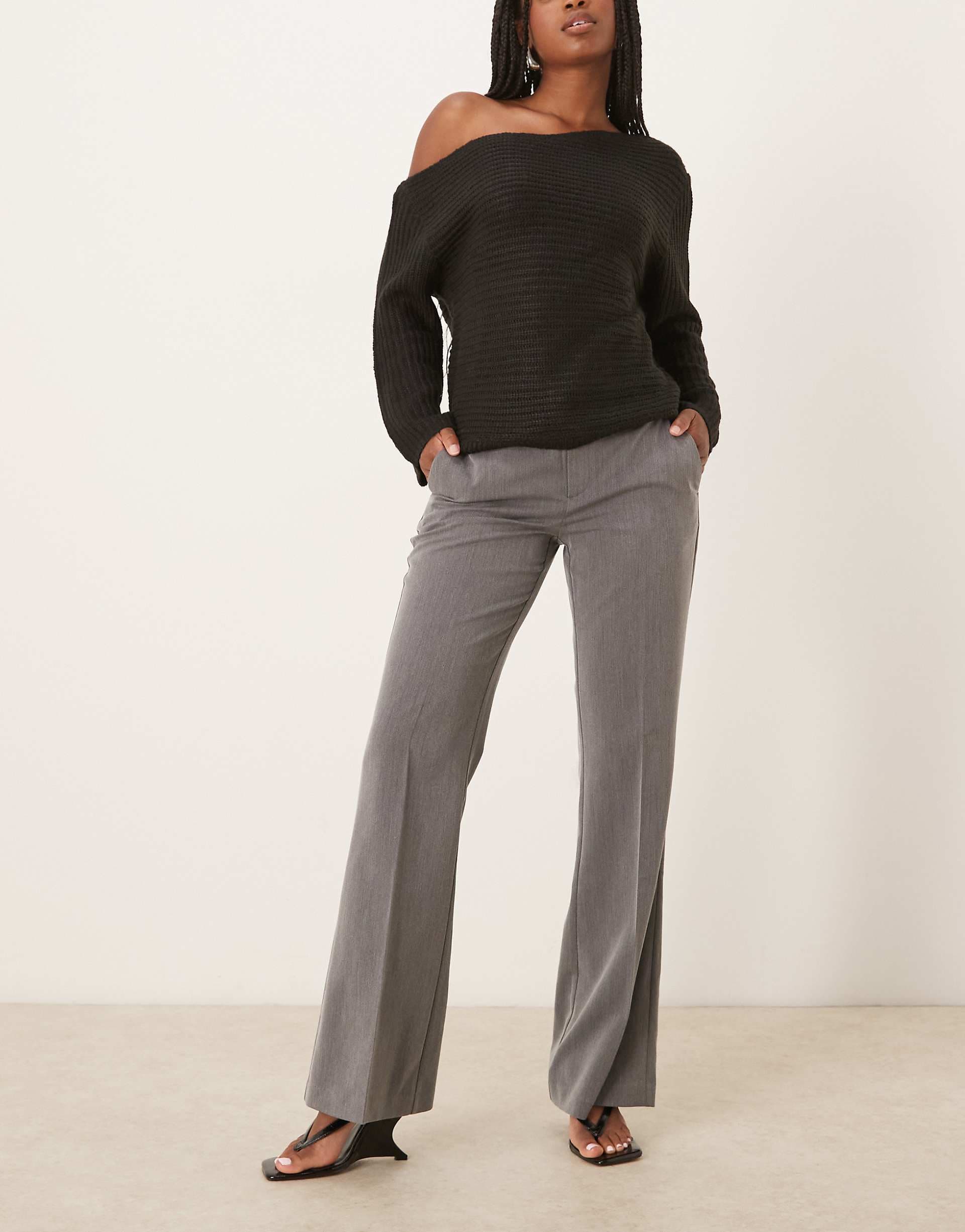 Gina Tricot relaxed fit bootcut tailored pants in gray melange