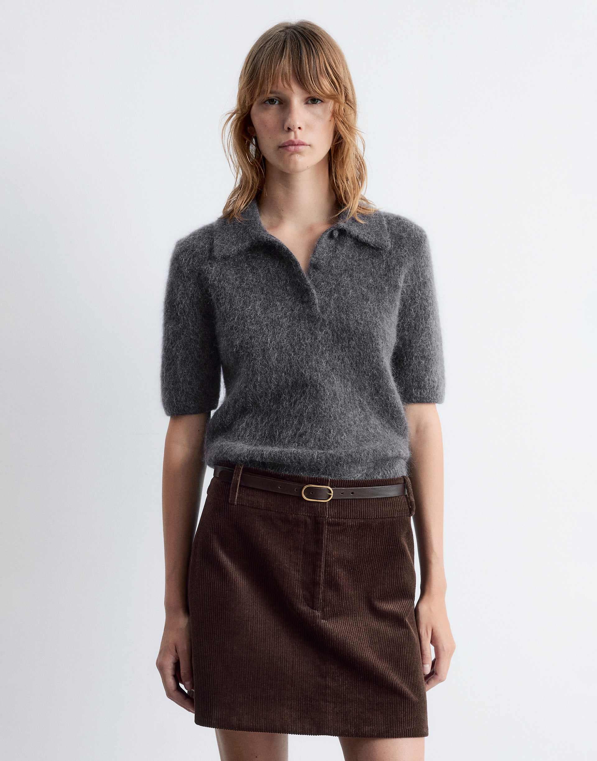 & Other Stories mohair and wool knit slim fit top with polo collar in gray