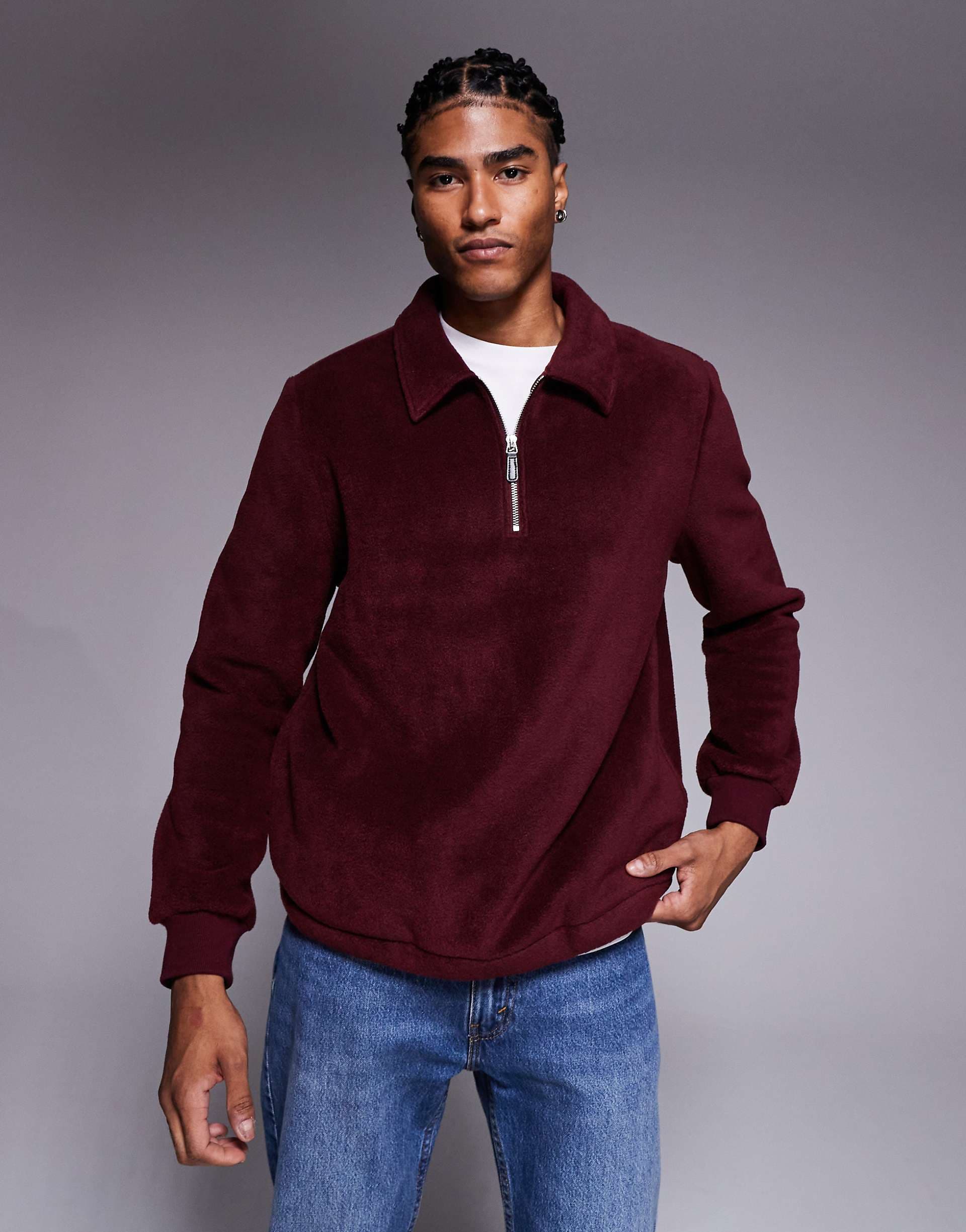 ASOS DESIGN quarter zip fleece sweatshirt with collar in burgundy