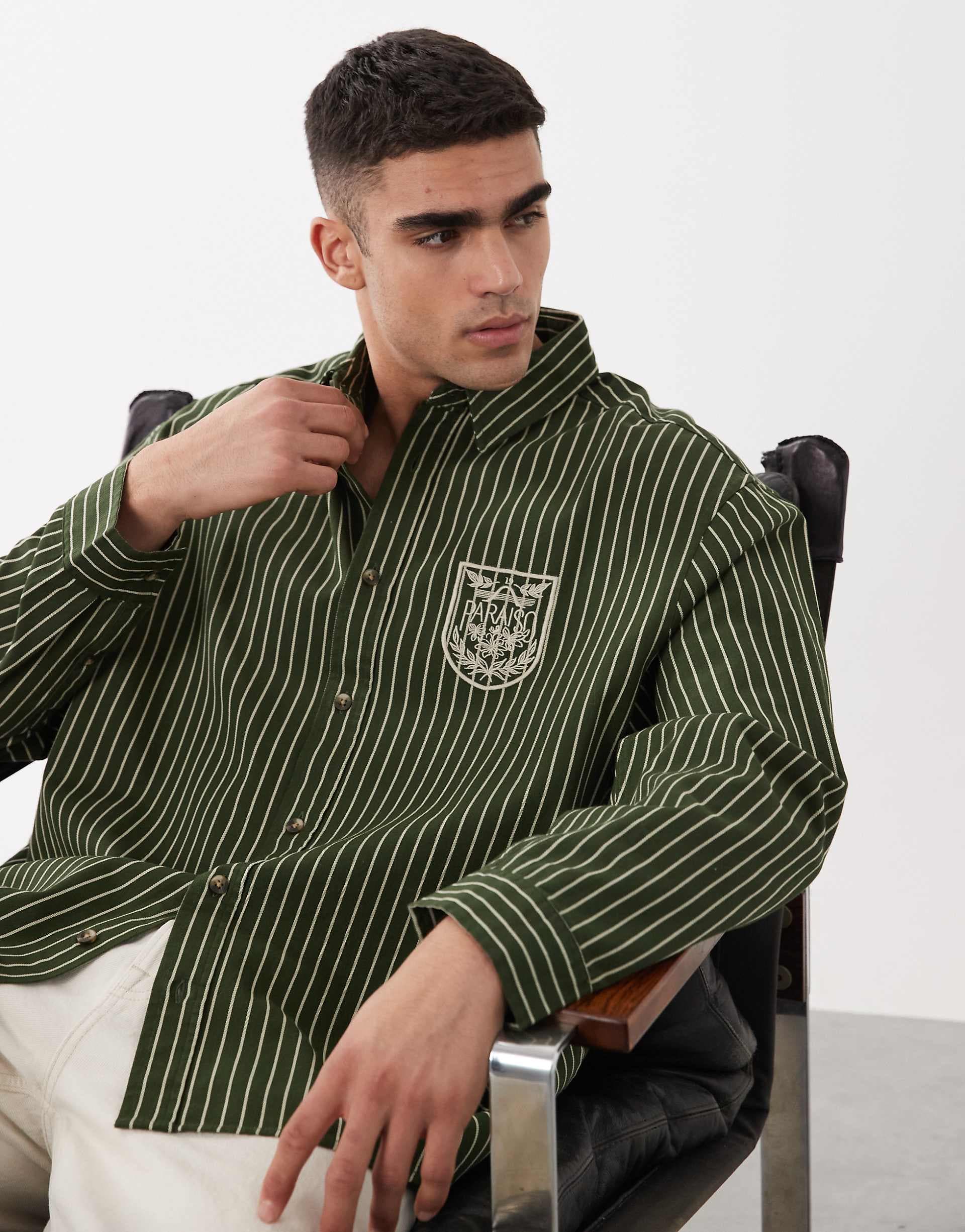 ASOS DESIGN oversized twill striped shirt with chest embroidery in green