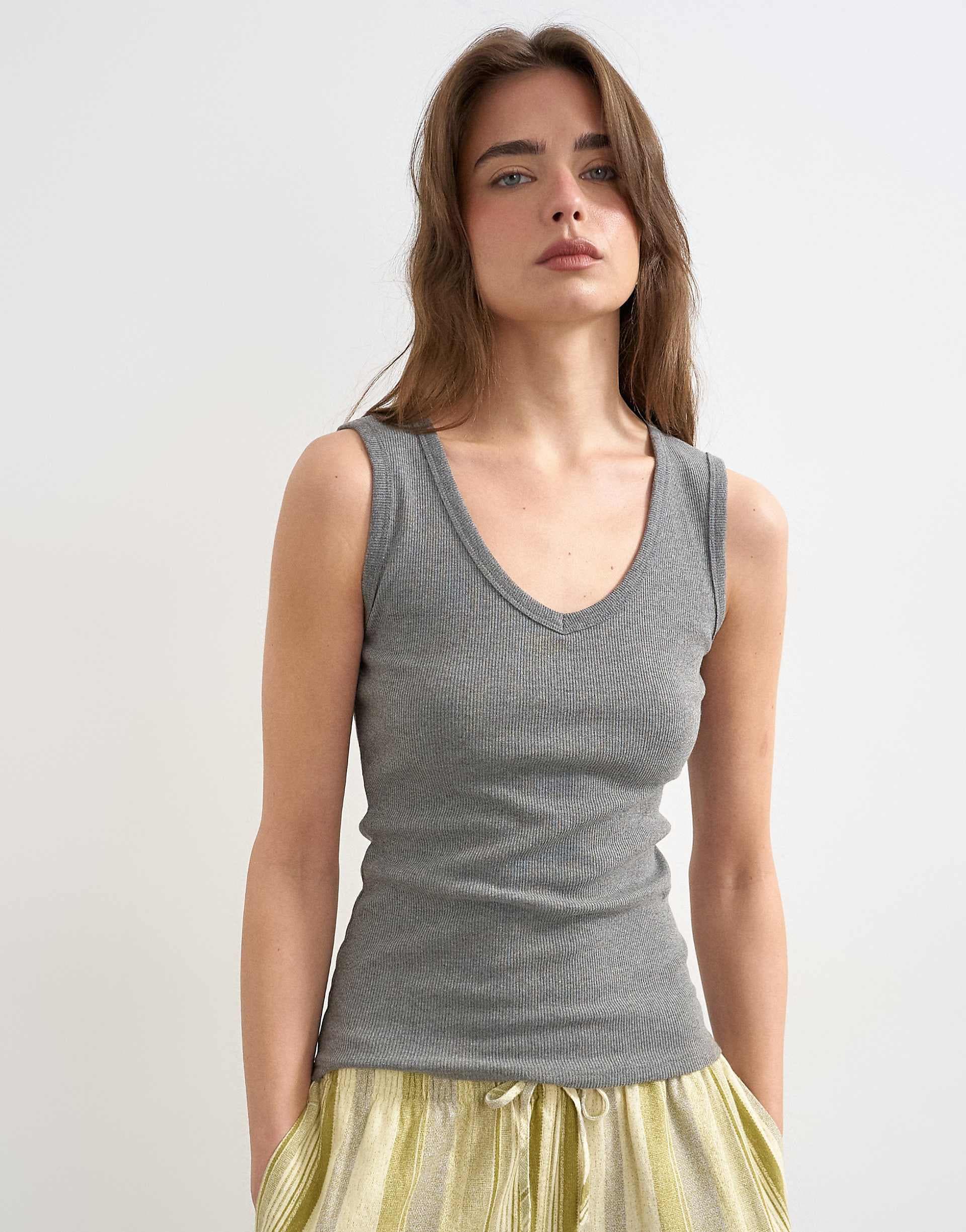 Topshop rib knit v-neck tank top in heather gray