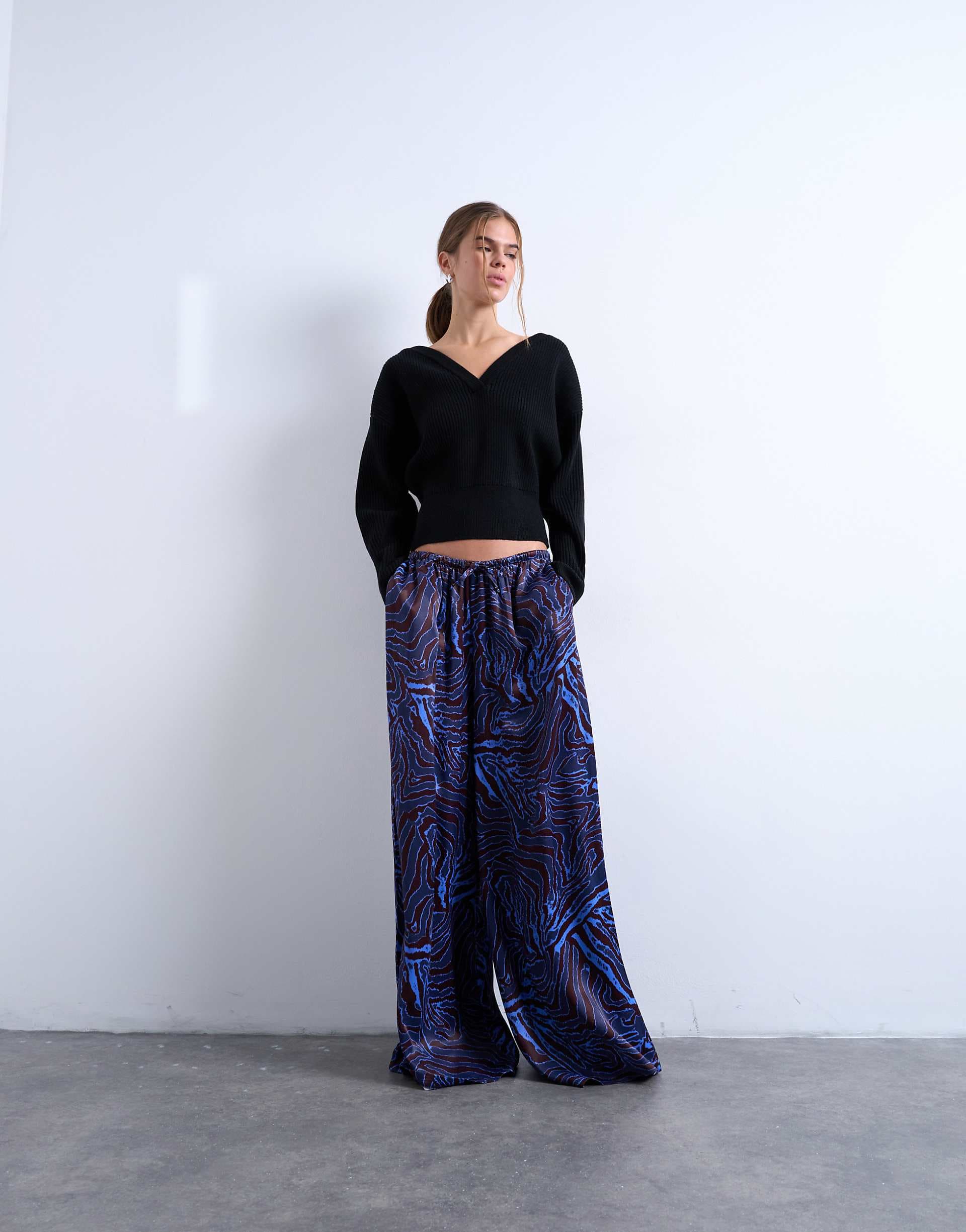 Topshop satin wide leg pants in blue and burgundy print