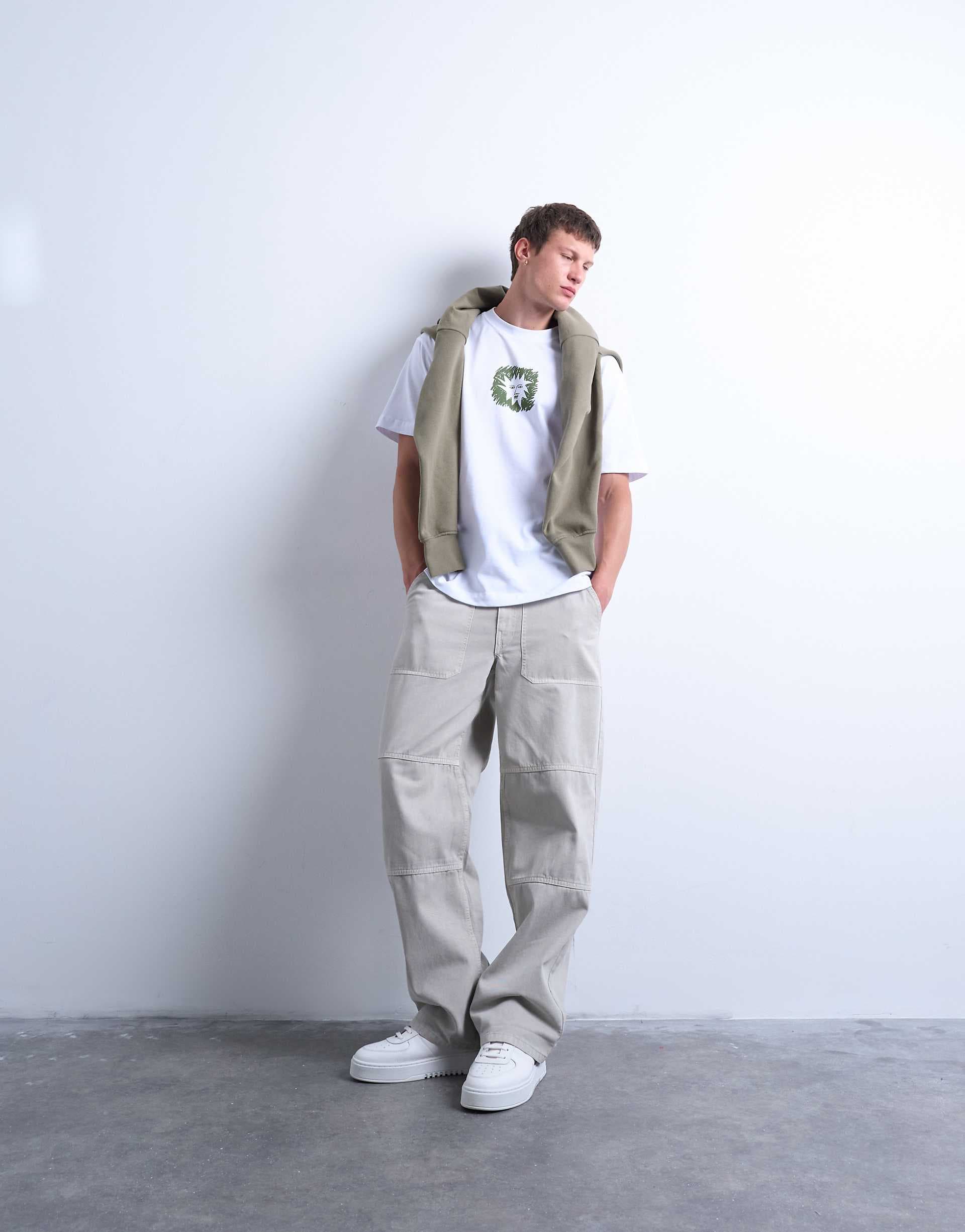 Topman baggy fit twill chino pants with leg panels in stone