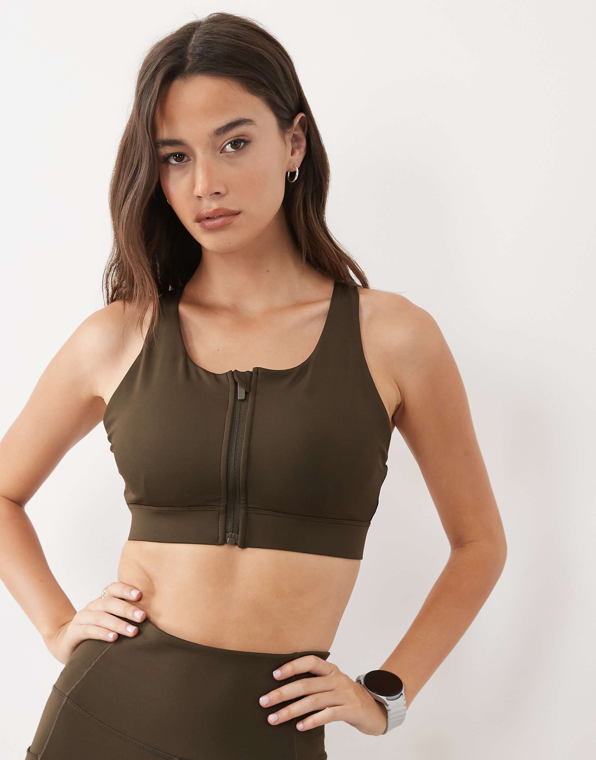 4505 Fuller Bust Icon active high support sports bra with removable padding and adjustable straps in coffee