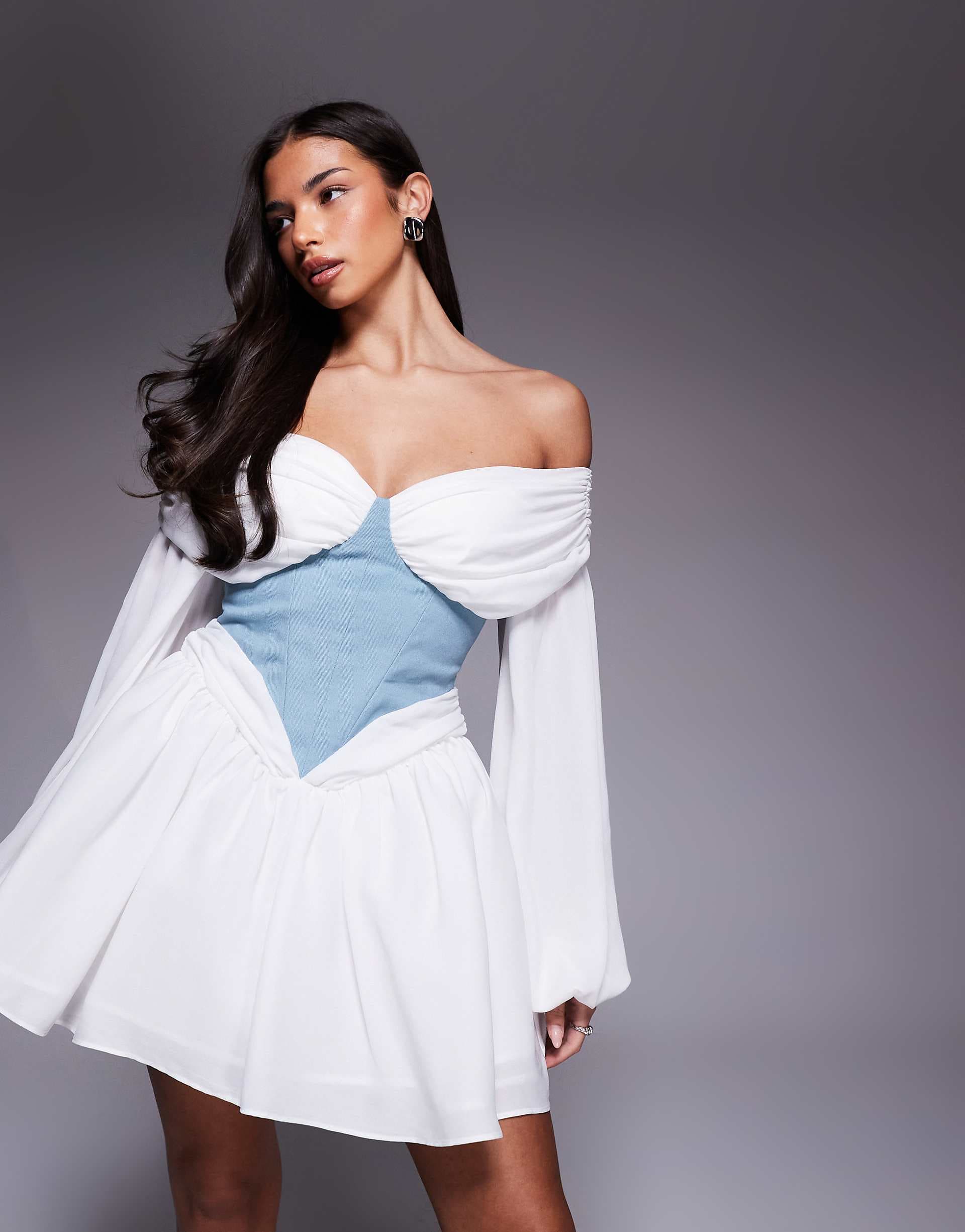 ASOS LUXE off-shoulder mini dress with corset waist detail in blue