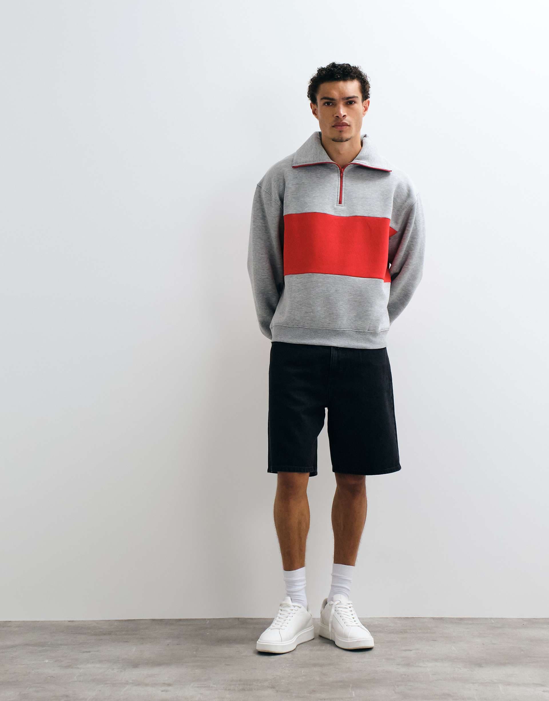 ASOS DESIGN oversized half zip sweatshirt with contrast zip and chest panel in gray heather