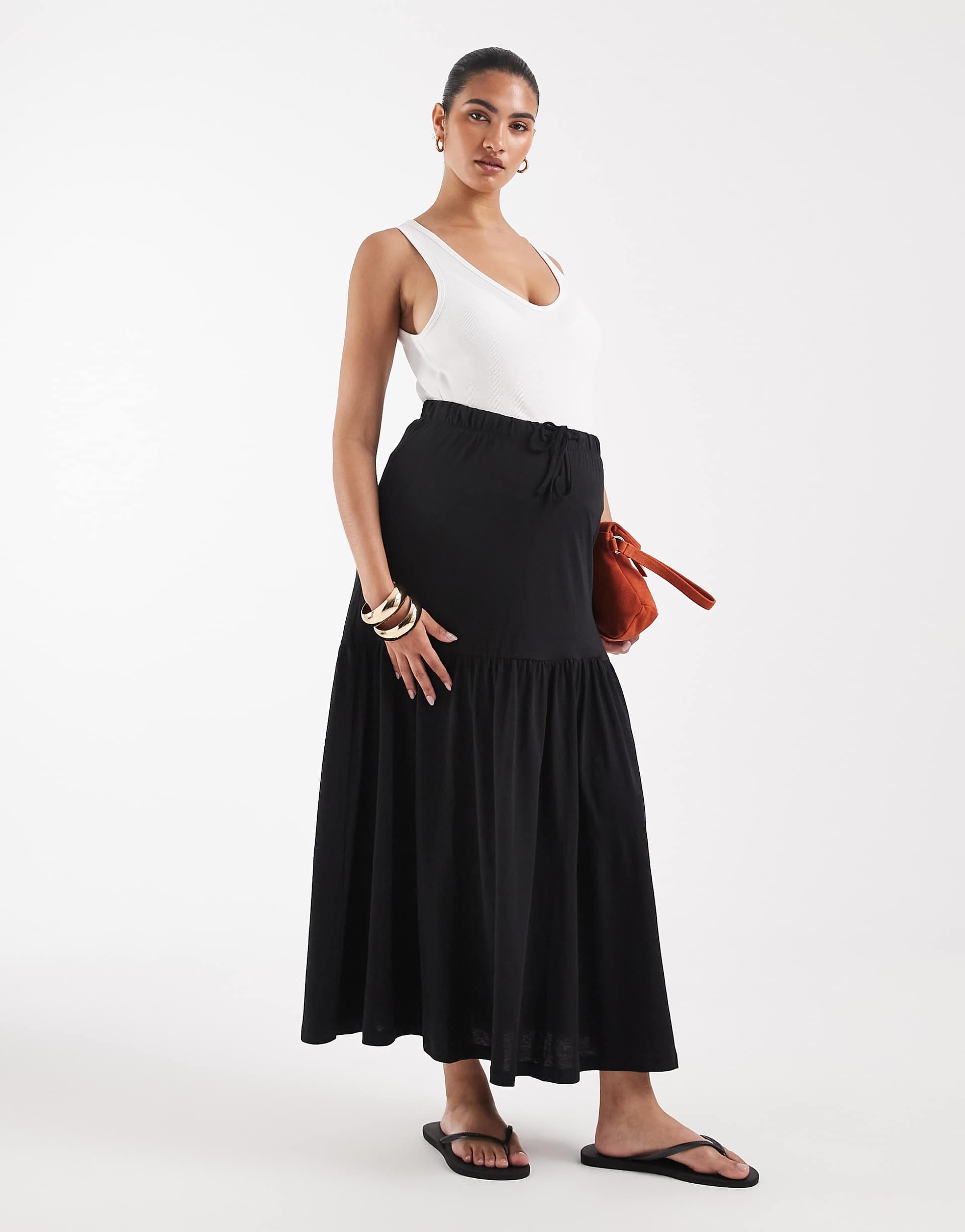 Vero Moda Maternity tie waist jersey tiered boho maxi skirt in black
