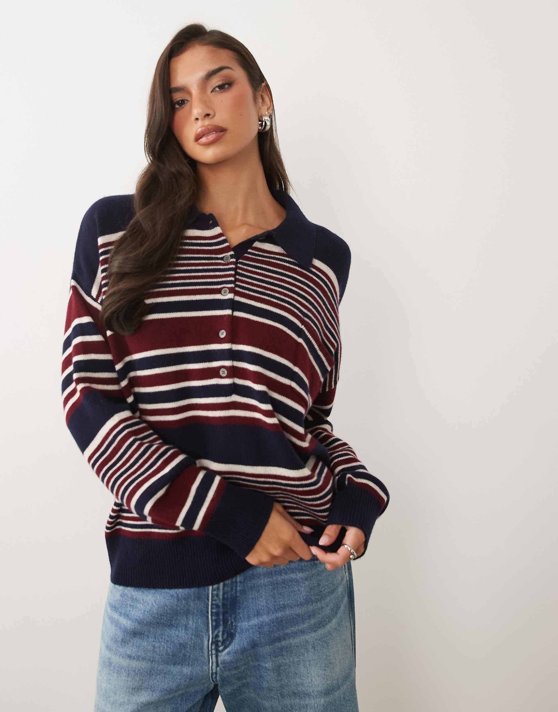 Good American wool oversized button down rugby sweater in navy and burgundy stripes