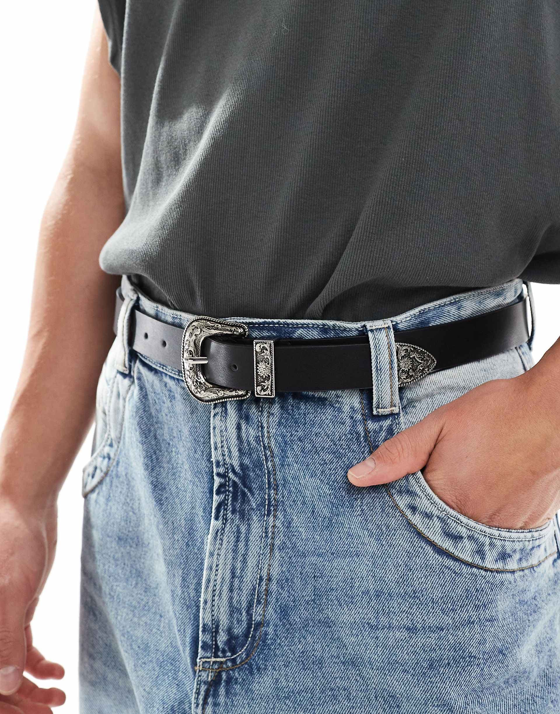 ASOS DESIGN faux leather western buckle belt in black