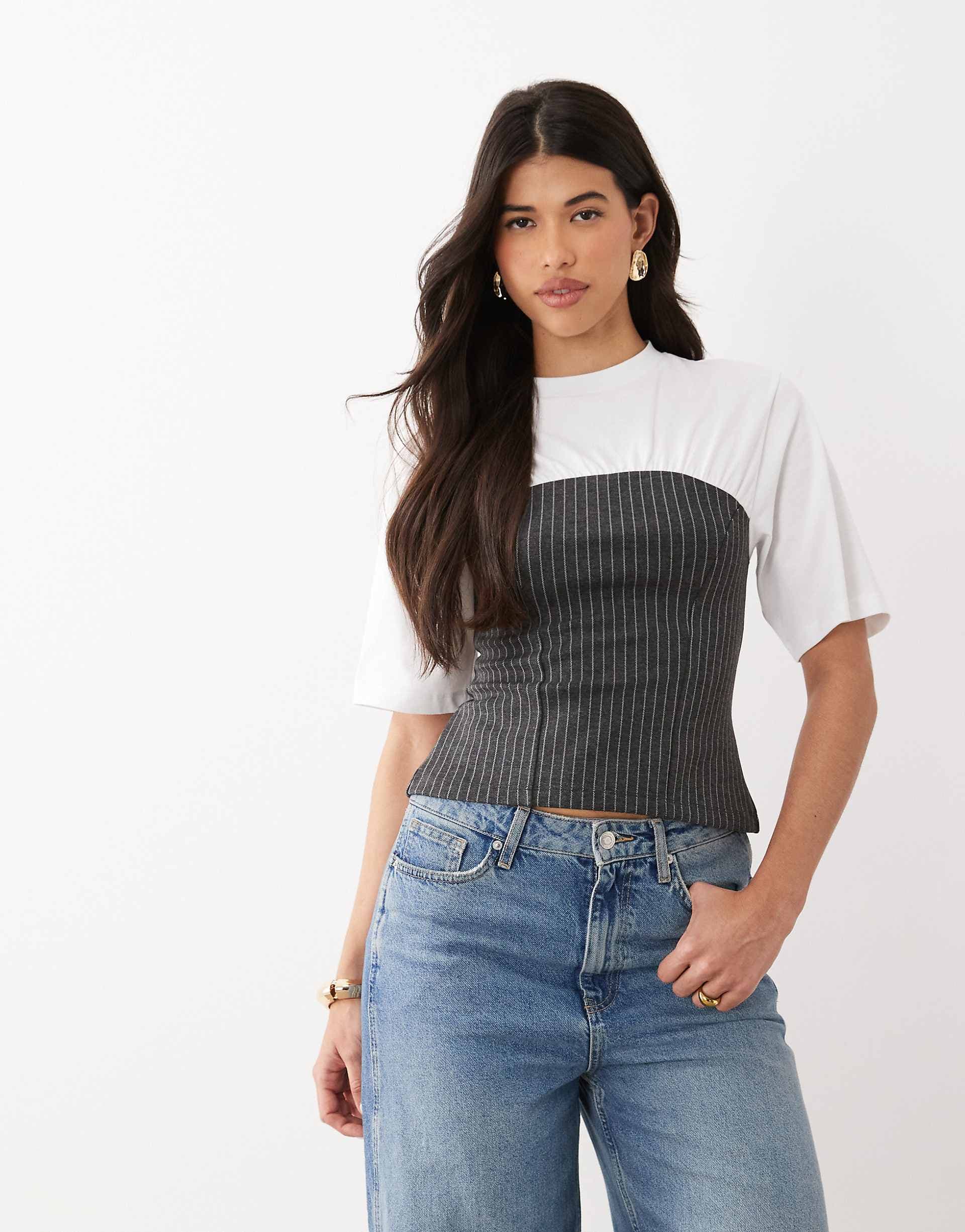 ASOS DESIGN short sleeve top with pinstriped contrast in gray and white