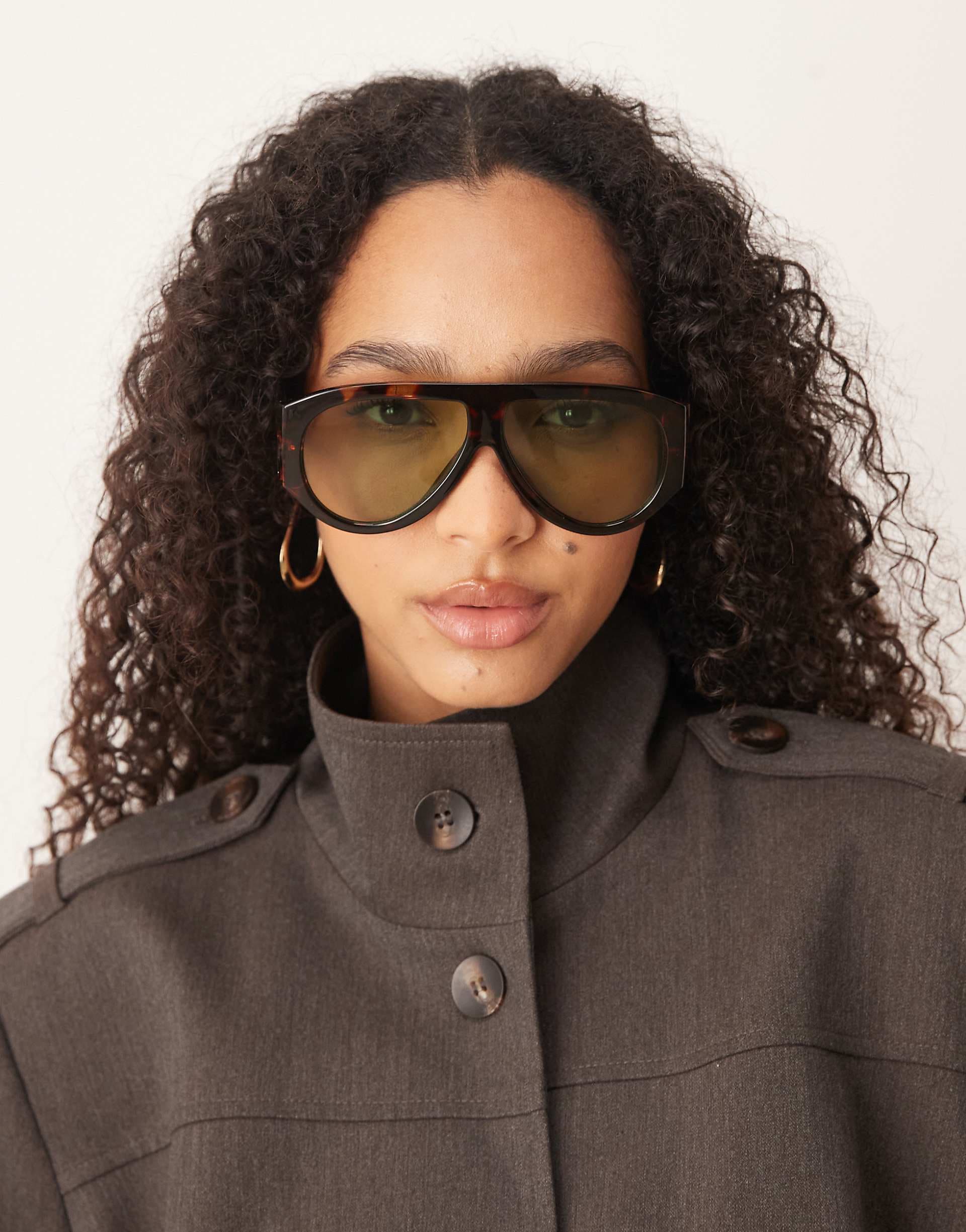 ASOS DESIGN wide temple aviator sunglasses in tort with green lenses