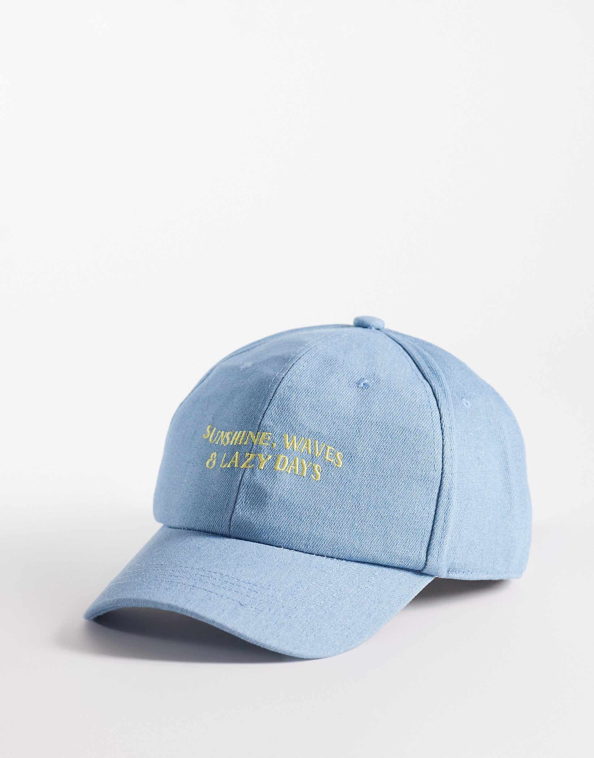 South Beach lazy days slogan cap in blue acid wash