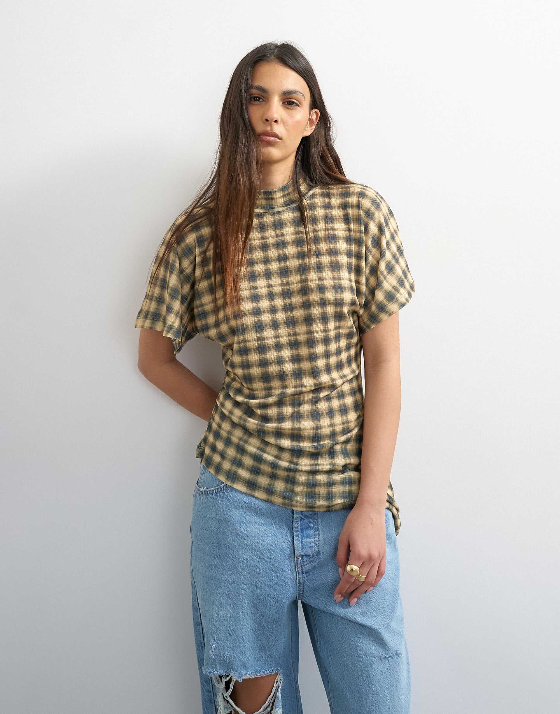 Topshop mesh funnel tunic top in plaid print