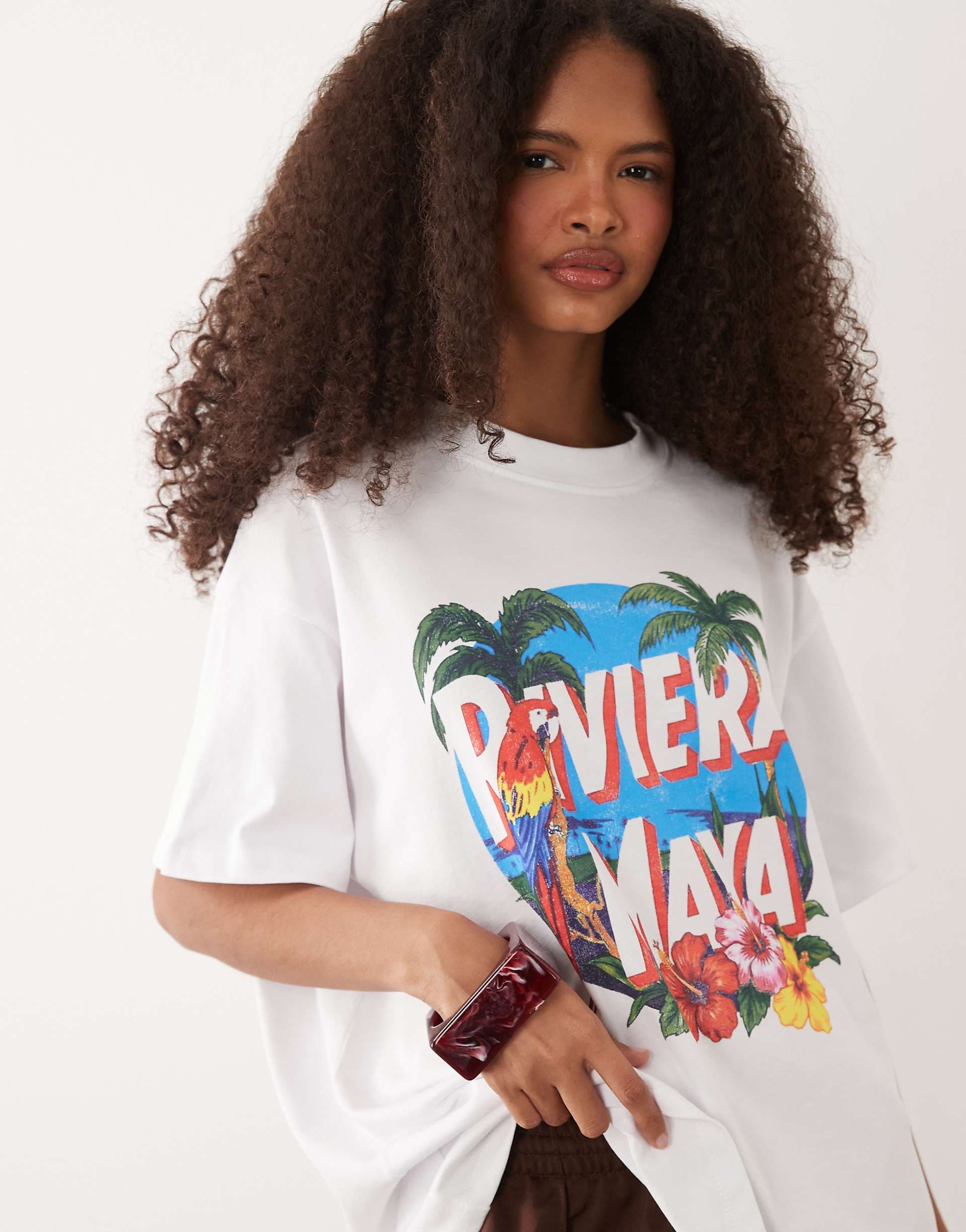 ASOS DESIGN short sleeve oversized T-shirt with Riviera Maya graphic in white