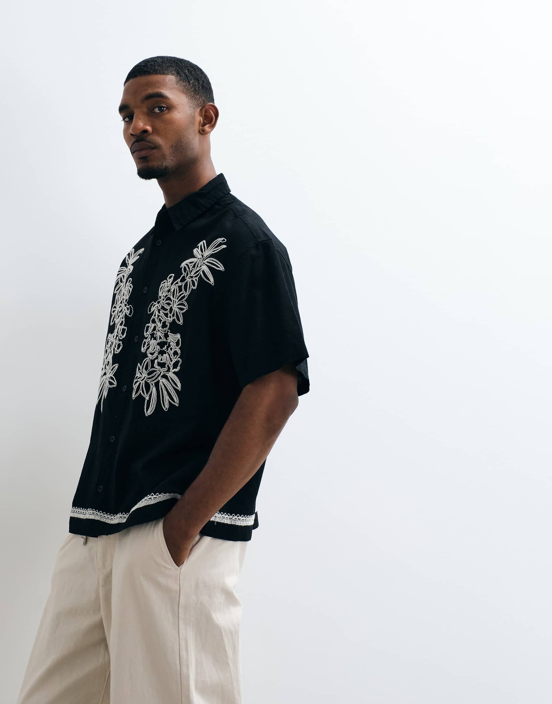 ASOS DESIGN linen blend oversized shirt with floral embroidery in black