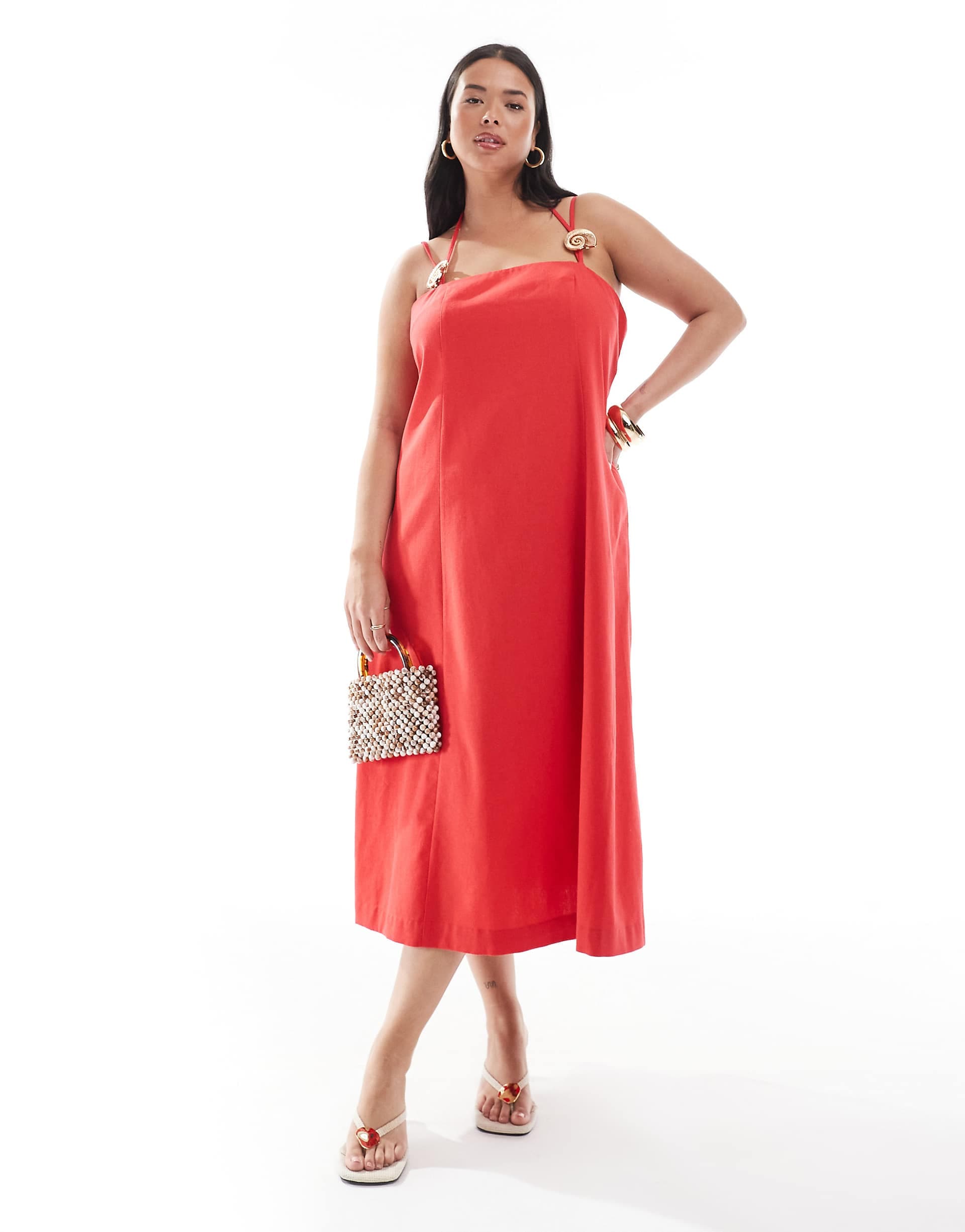Renee Studio Plus Exclusive linen look halterneck gold seashell hardware detail strappy midi dress in red