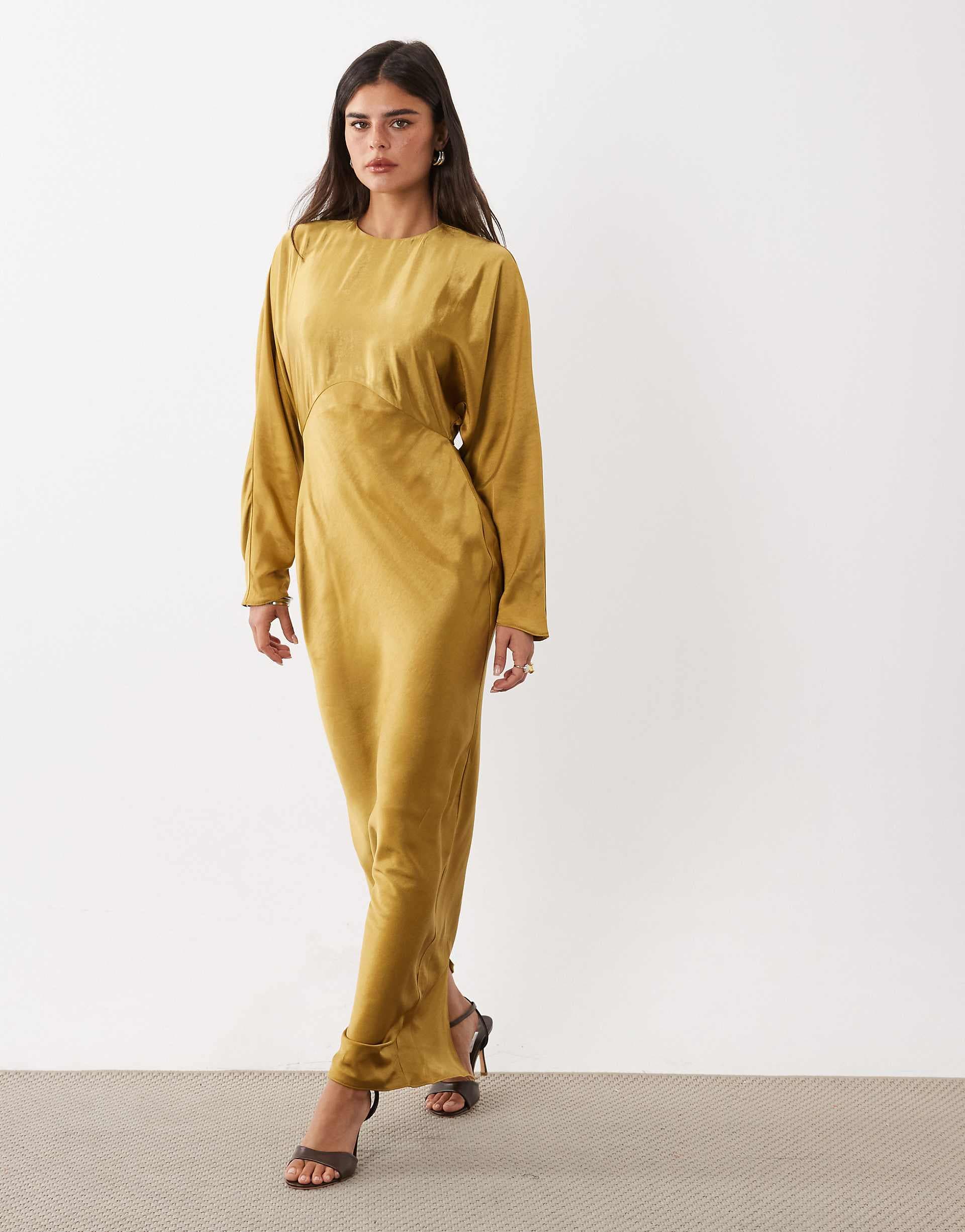 ASOS DESIGN satin batwing maxi dress in ochre