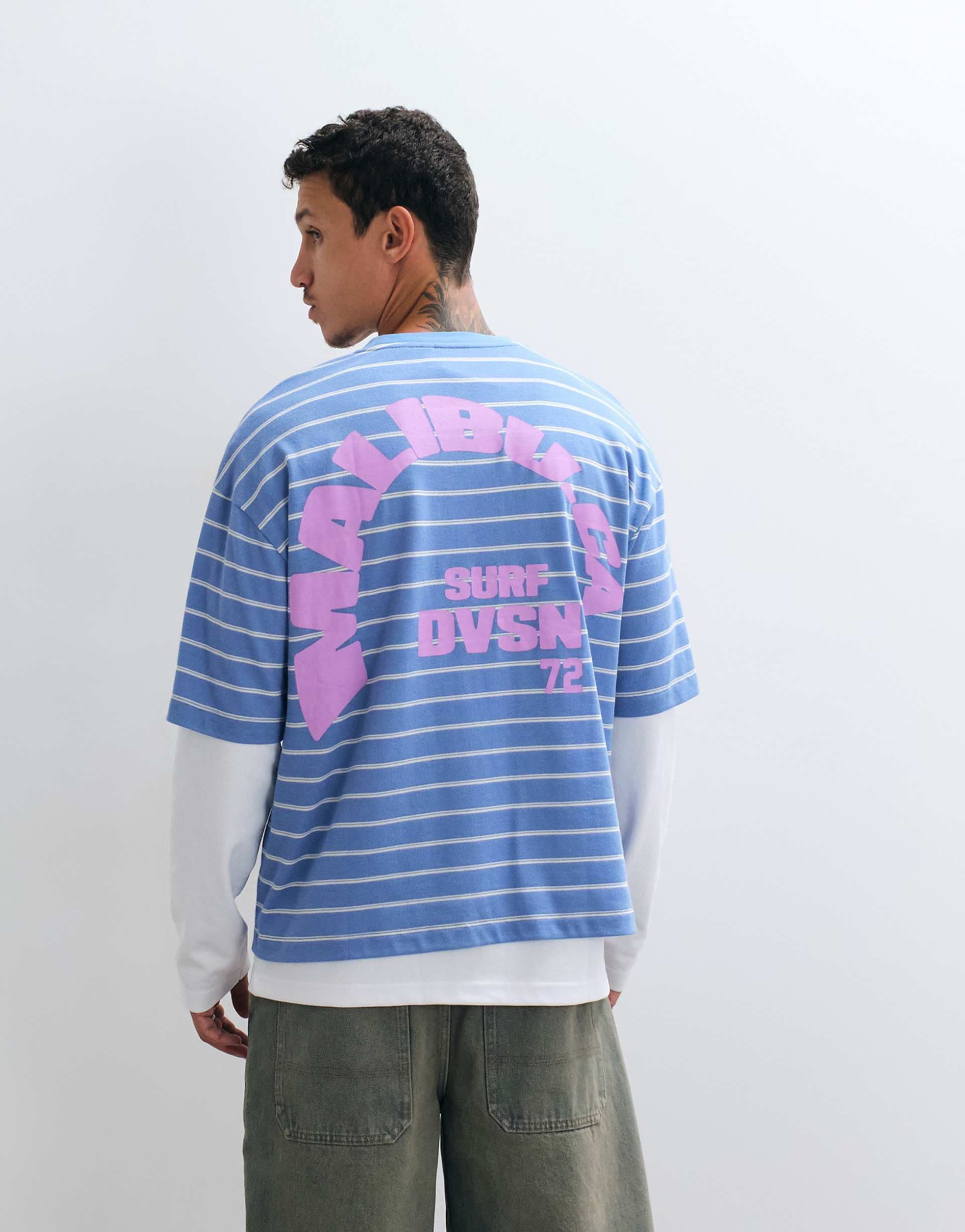 ASOS DESIGN boxy oversized t-shirt with graphic in blue stripes