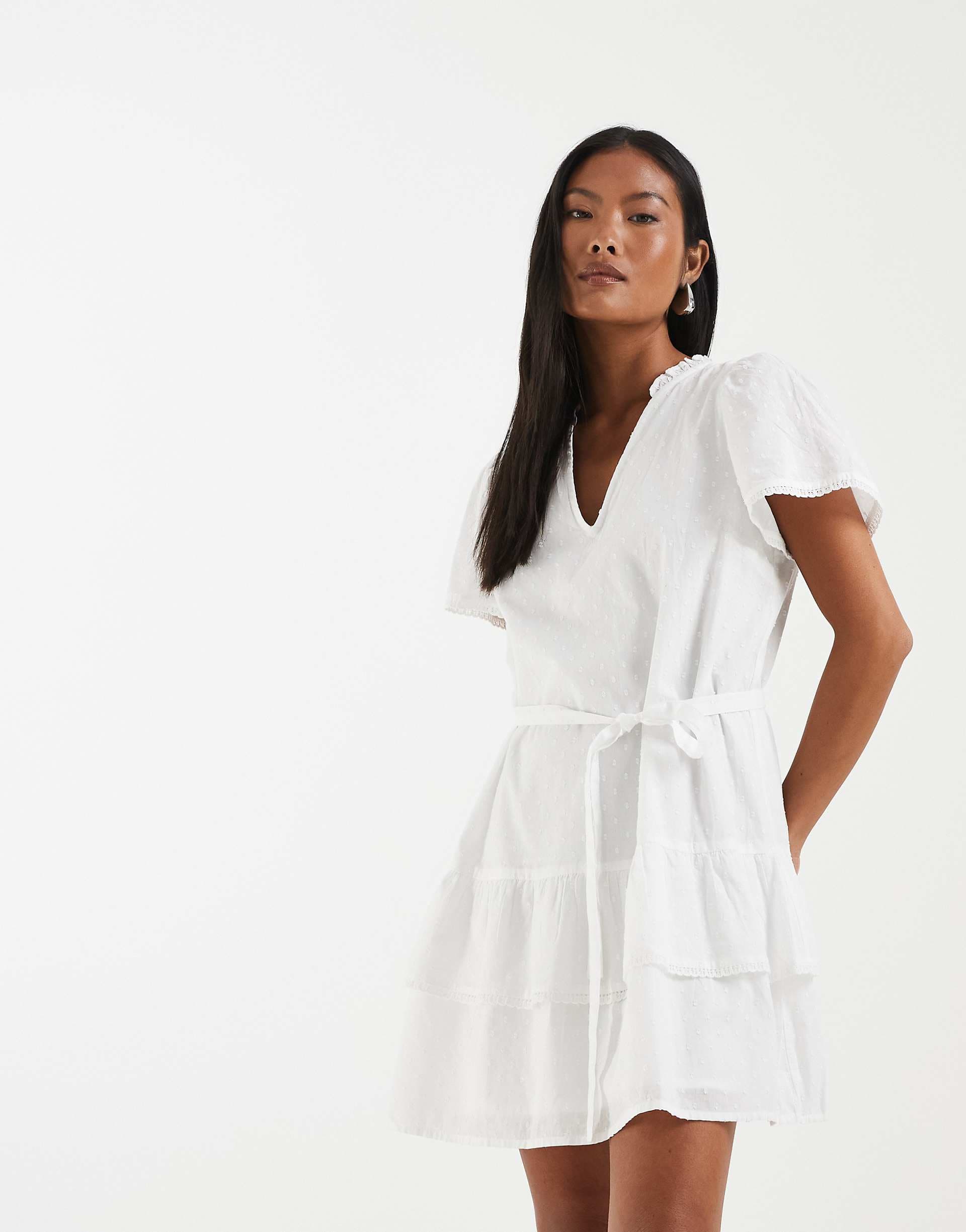 Vero Moda Petite poplin tie waist lace trim ruffle hem mini dress in white