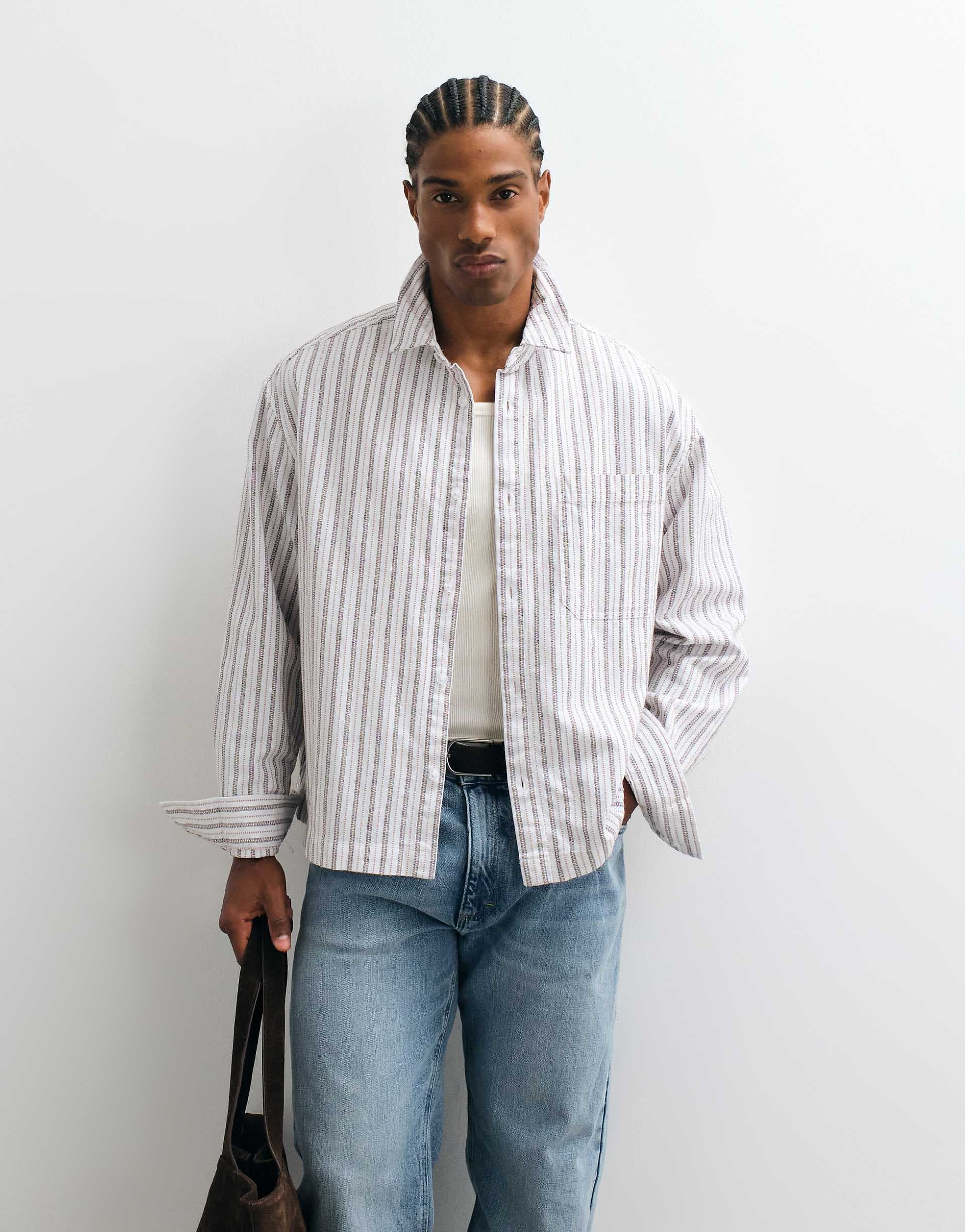 ASOS DESIGN boxy oversized striped shirt in beige