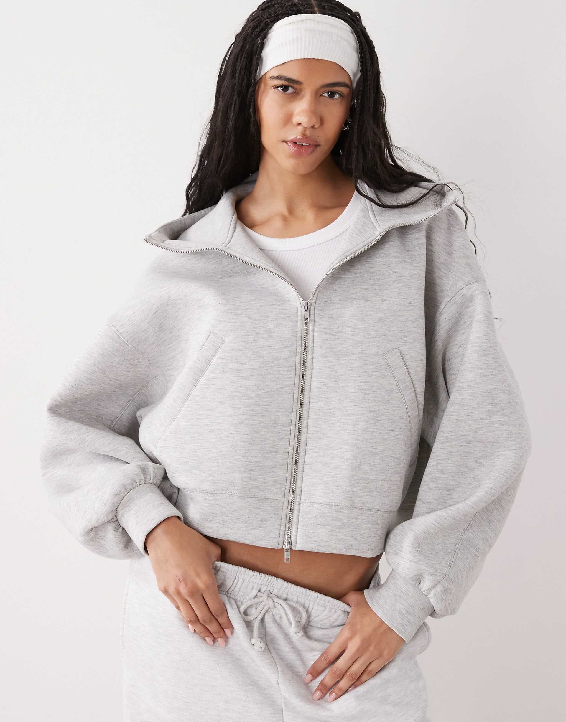 Weekday funnel neck zip up scub-style hoodie in gray melange