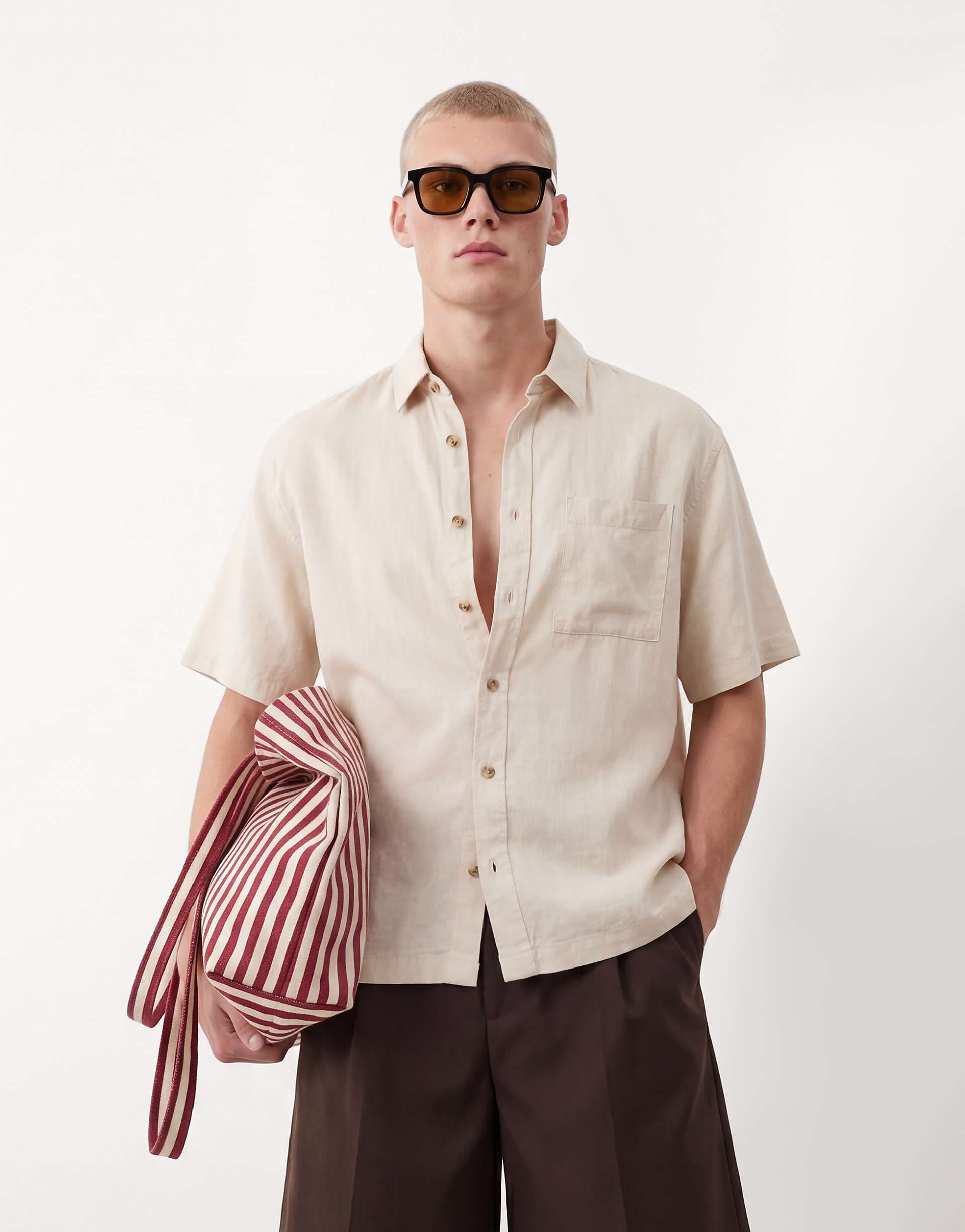 ASOS DESIGN oversized linen blend shirt in beige - part of a set