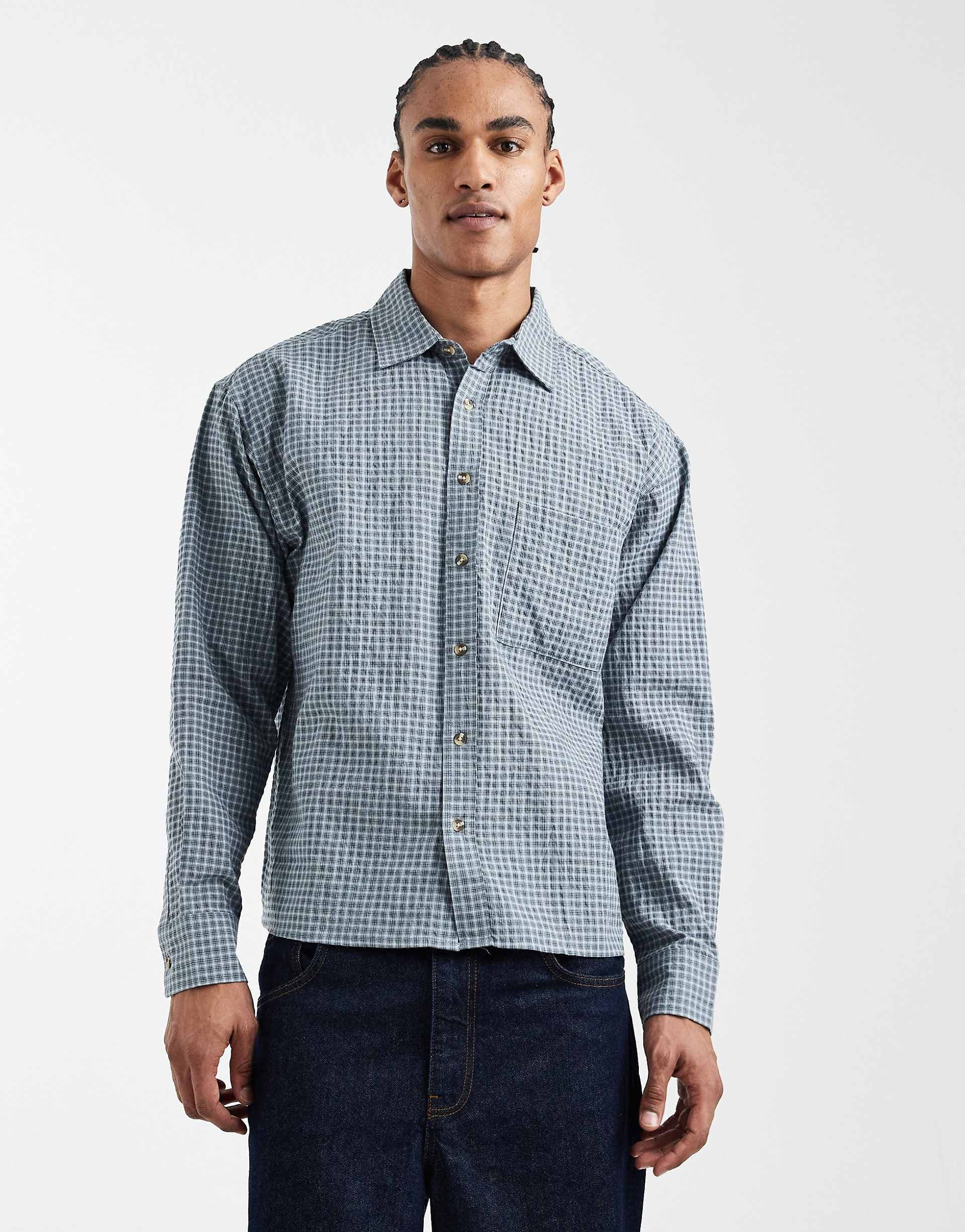 Cotton On Hudson long sleeve shirt in blue micro plaid