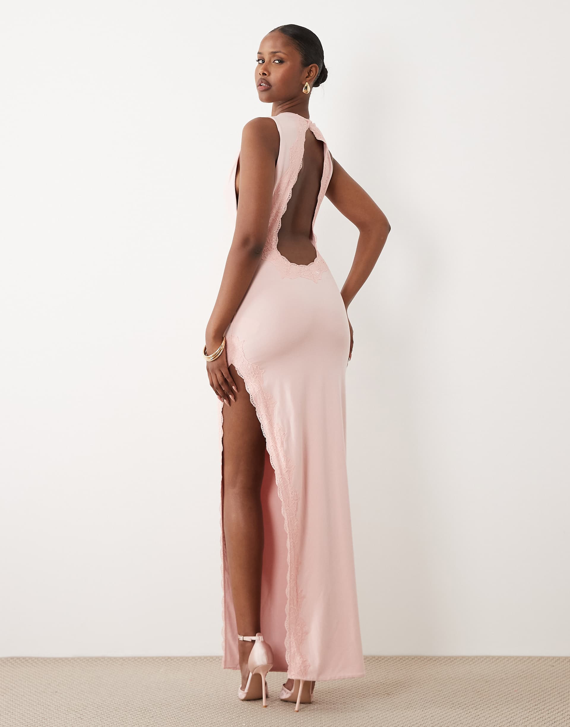 Oh Polly modal halter neck open back detail lace trim maxi dress in blush pink
