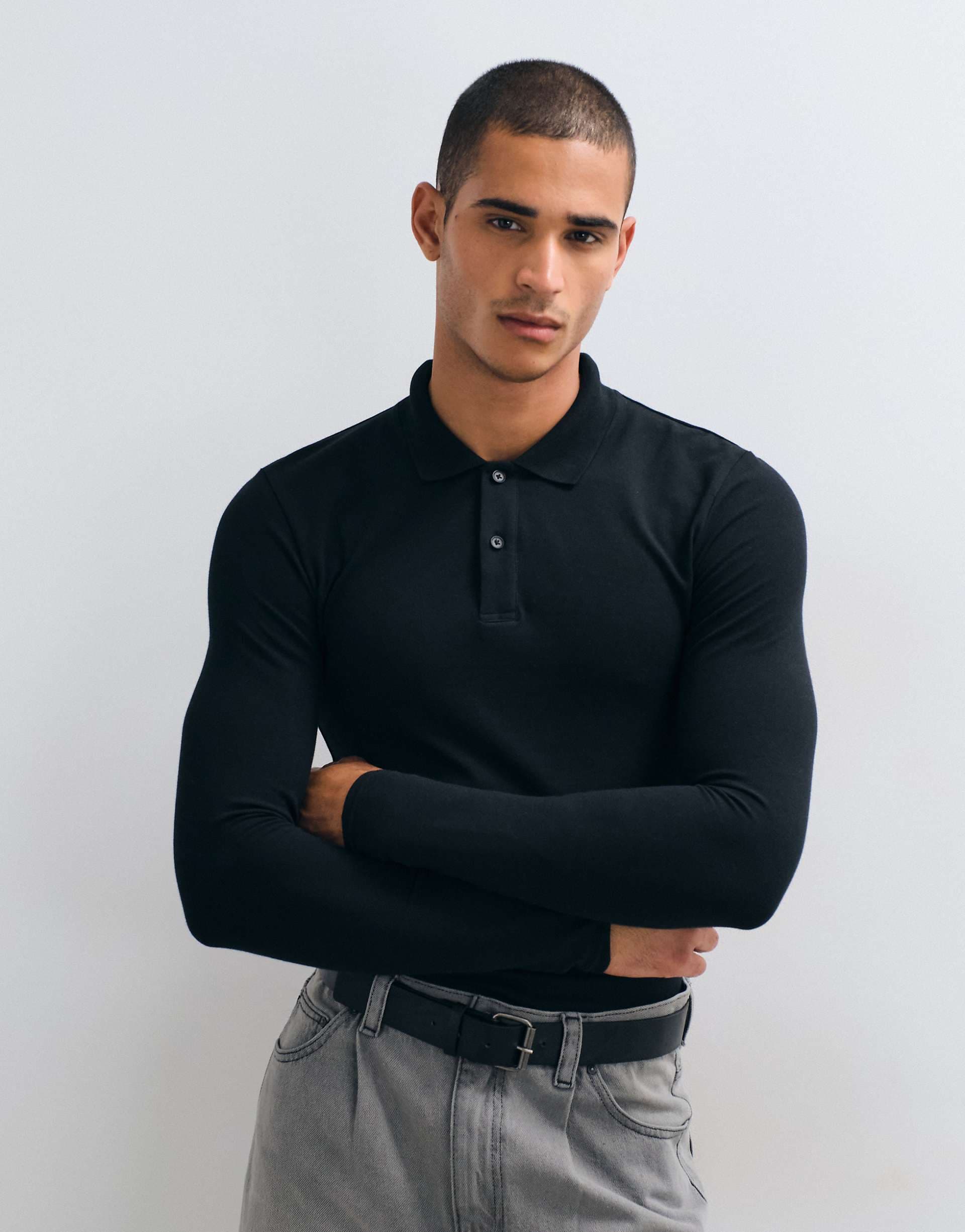 ASOS DESIGN Essentials muscle fit long sleeve polo in black pique