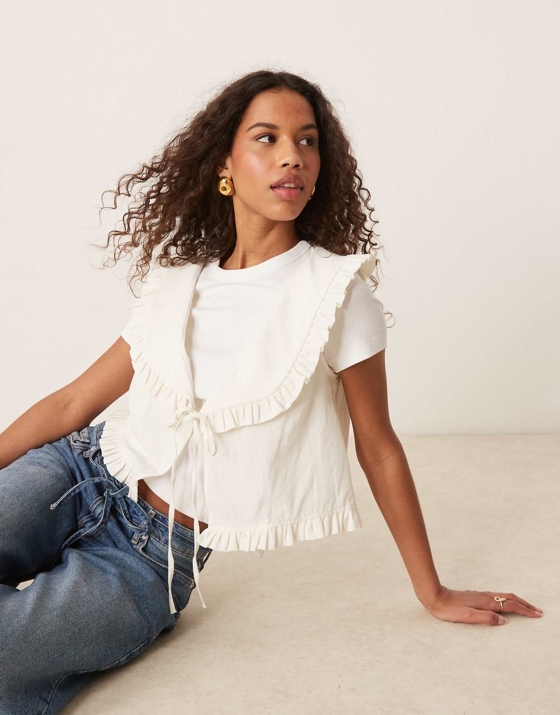 ASOS DESIGN linen look frill collar vest in ivory